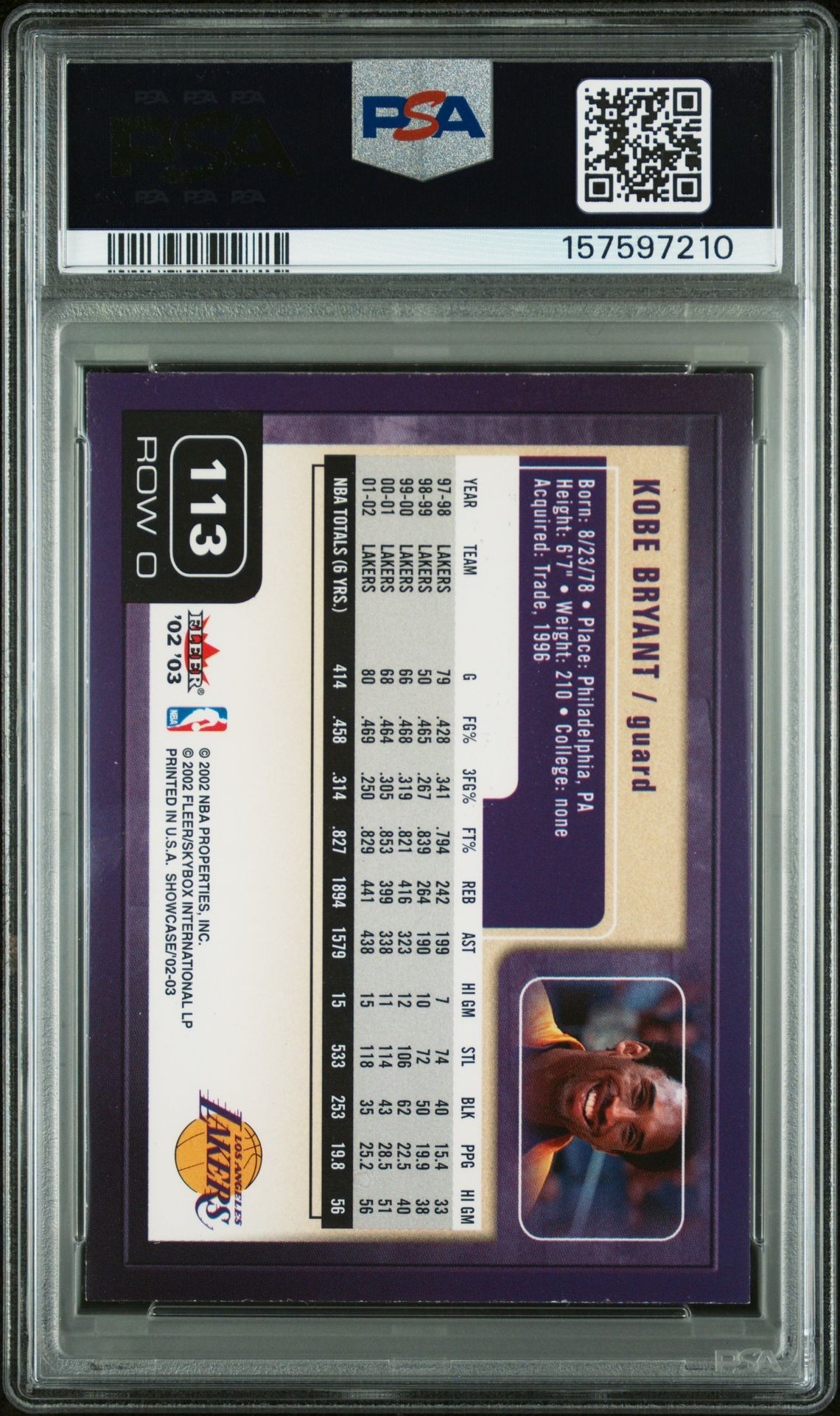 2002 Fleer Showcase Kobe Bryant #113 Vg-Ex 4 back