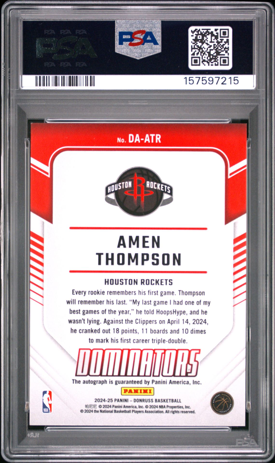 2024 Panini Donruss Dominators Autographs Amen Thompson #Daatr (Dominators Auto-Choice) Mint 9 back