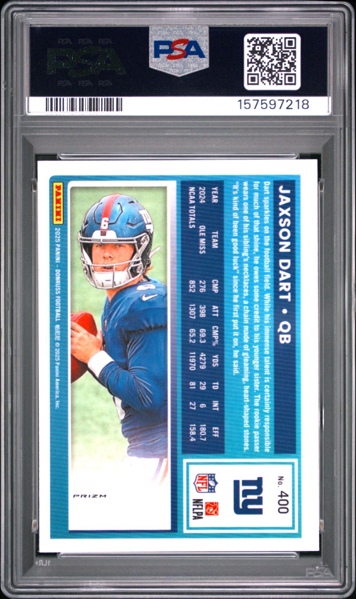 2025 Panini Donruss Jaxson Dart #400 (Optic Preview-Pink) Gem Mt 10 back