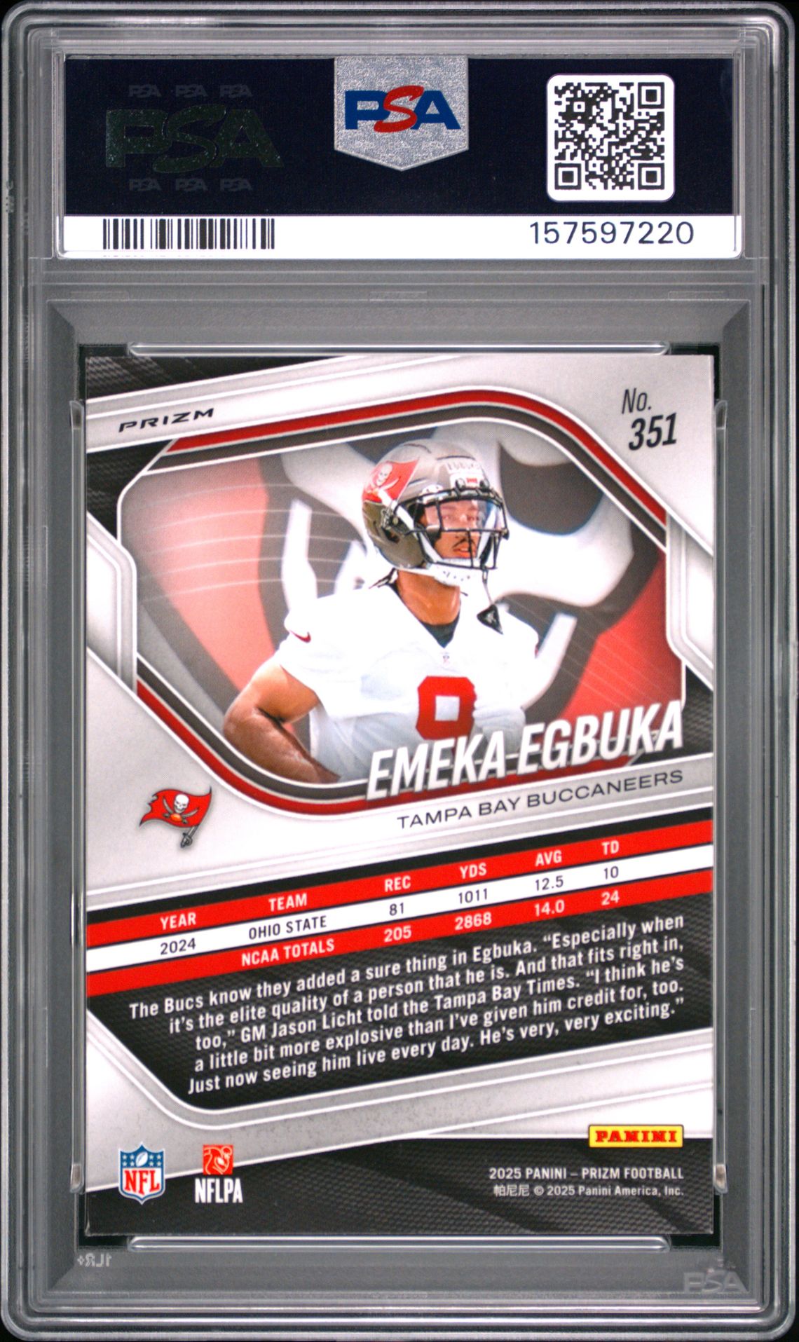 2025 PANINI PRIZM EMEKA EGBUKA WHITE DISCO 351 GEM MT 10 back