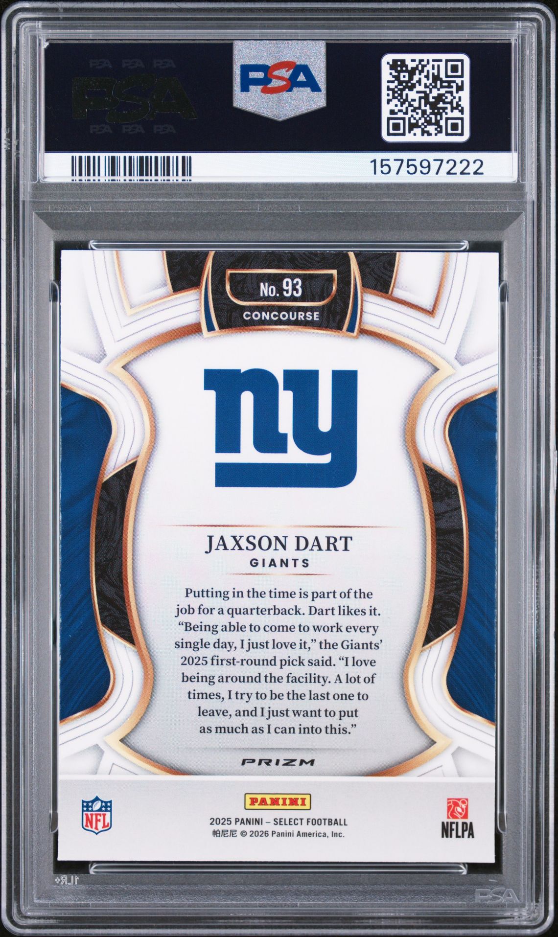 2025 PANINI SELECT JAXSON DART BLACK & RED SHOCK 93 GEM MT 10 back