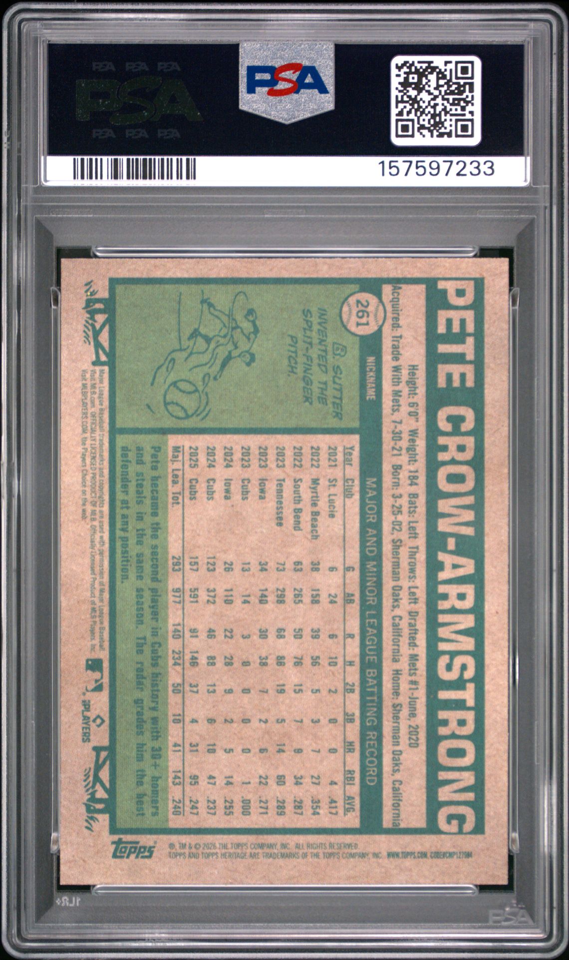 2026 Topps Heritage Pete Crow-Armstrong #261 (Nickname Variation) Mint 9 back