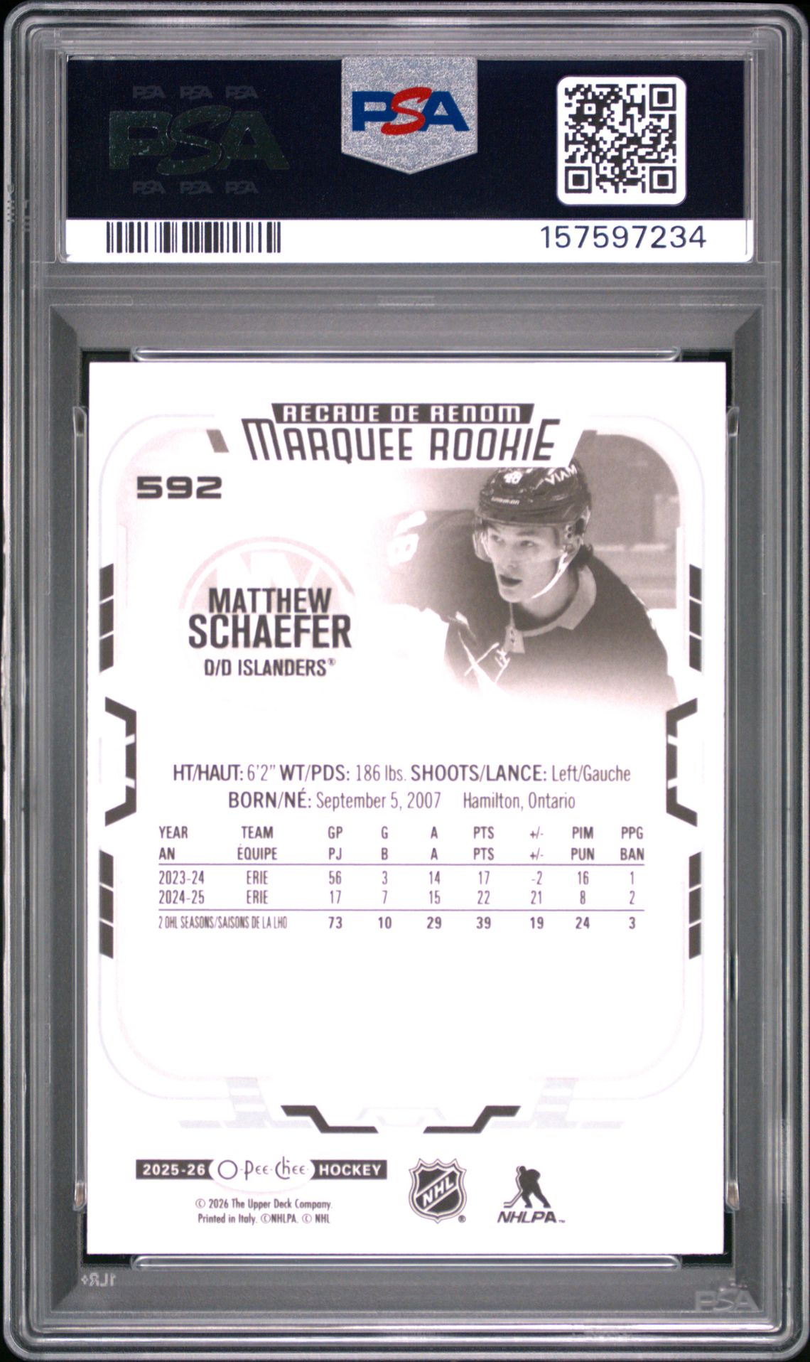 2025 Upper Deck O-Pee-Chee Matthew Schaefer #592 Gem Mt 10 back