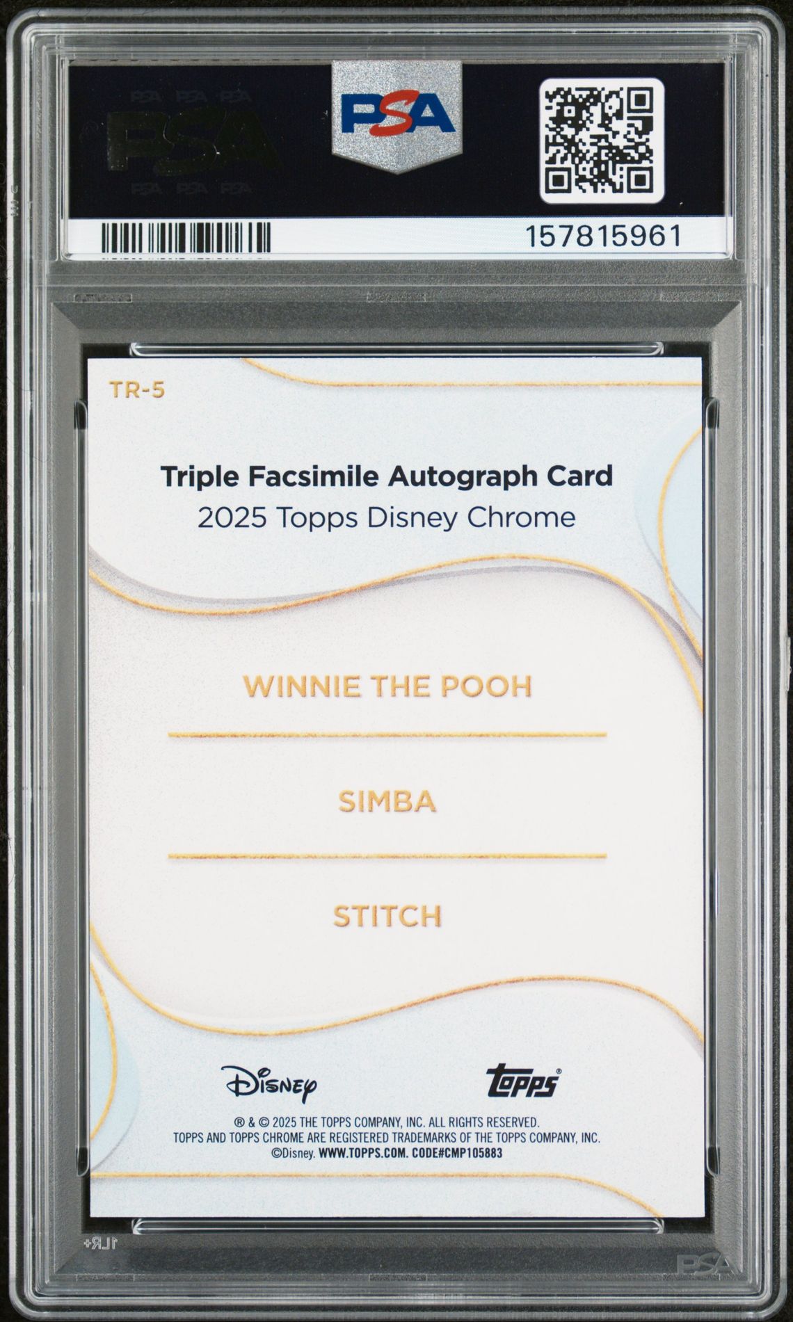 2025 Topps Chrome Disney Disney Chrome 2025 Triple Facsimile Autographs Pooh/Simba/Stitch #5 (Trp Facsimile-Mickey R&B Ref) Nm-Mt 8 back
