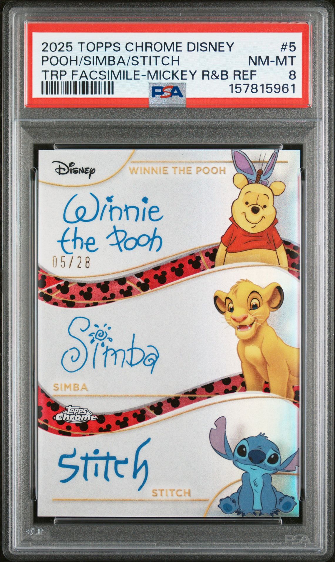 2025 Topps Chrome Disney Disney Chrome 2025 Triple Facsimile Autographs Pooh/Simba/Stitch #5 (Trp Facsimile-Mickey R&B Ref) Nm-Mt 8 front