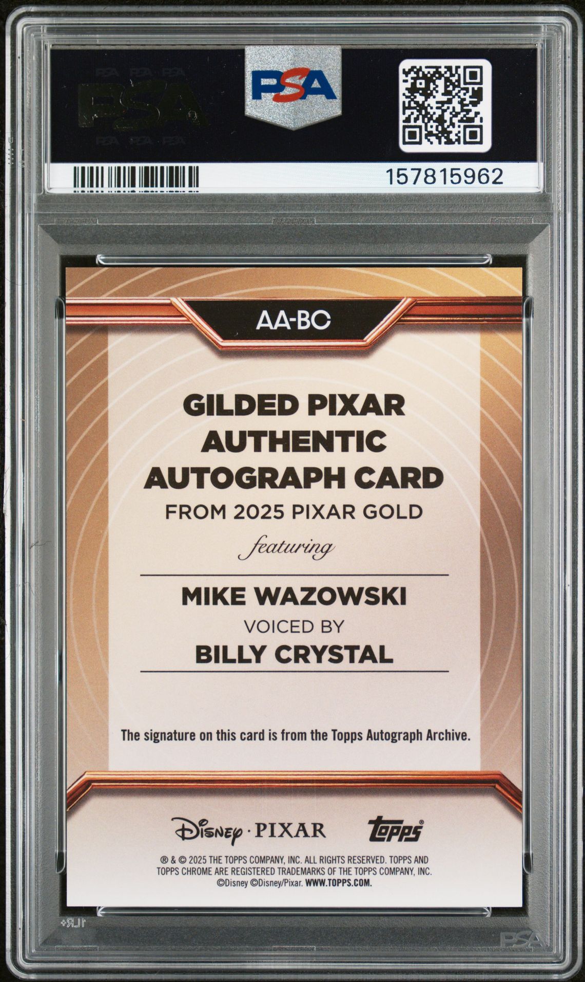 2025 Topps Pixar Gold Gilded Pixar Autographs Billy Crystal #Aa-Bc (Gilded Pixar Auto-Lava Etch) Mint 9 back