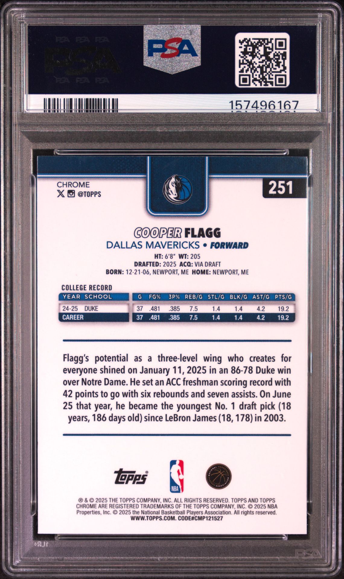 2025 Topps Chrome Cooper Flagg #251 Mint 9 back