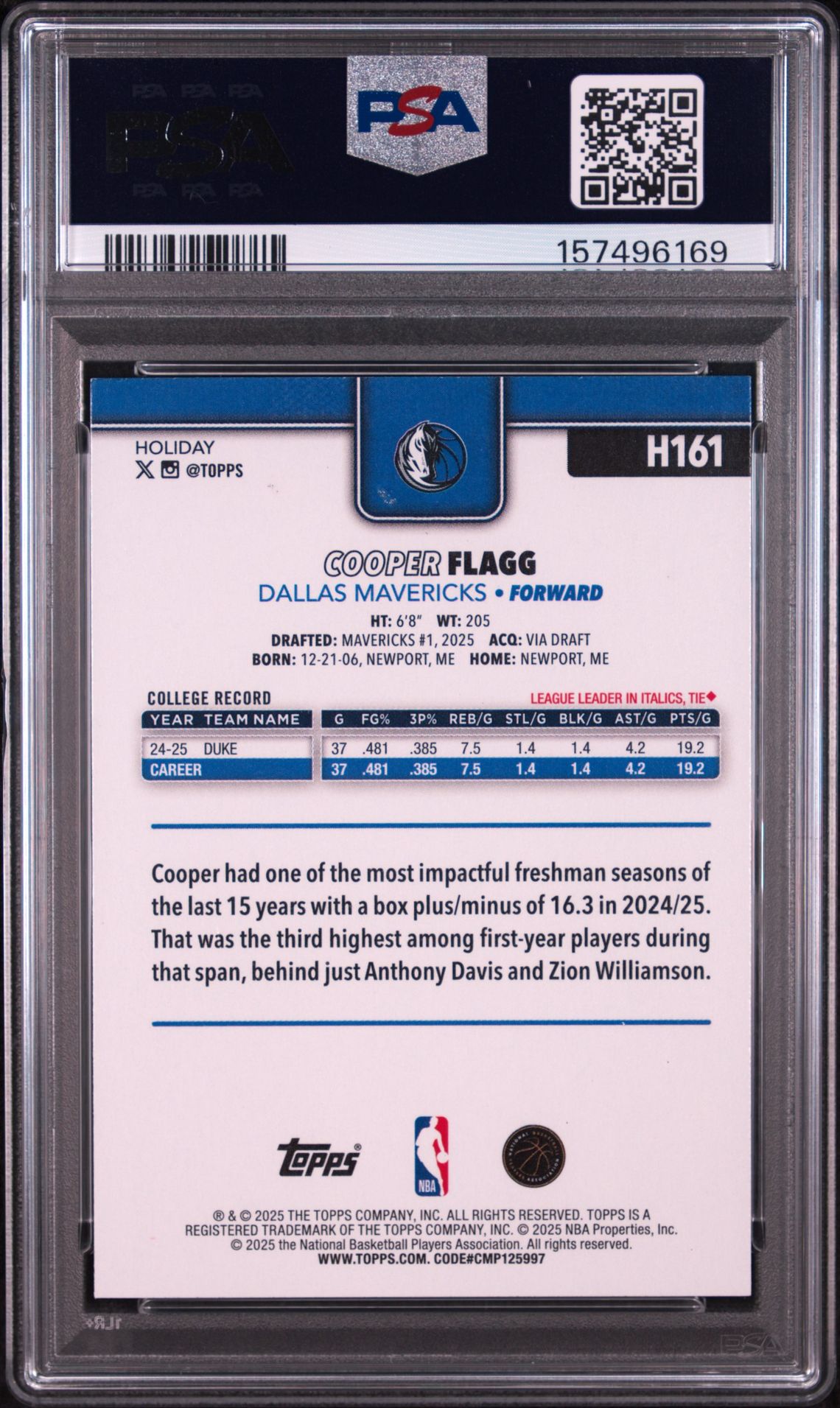 2025 Topps Holiday Cooper Flagg #H161 Mint 9 back