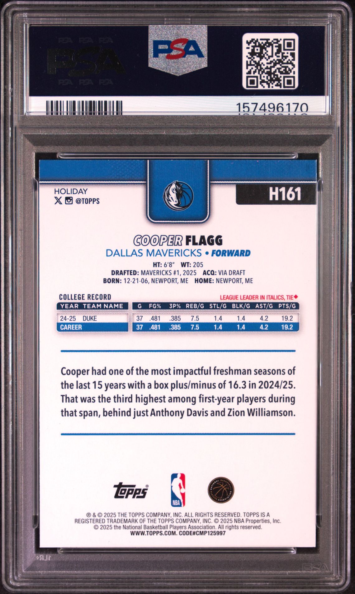 2025 Topps Holiday Cooper Flagg #H161 Mint 9 back