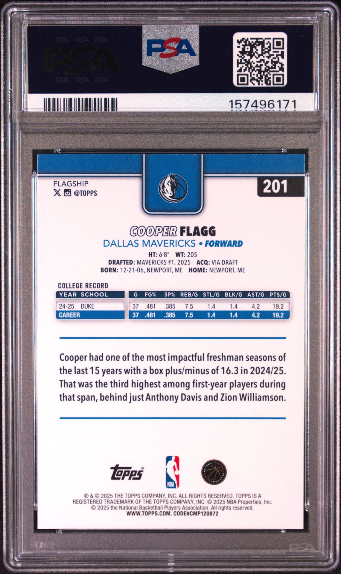 2025 Topps Cooper Flagg #201 Mint 9 back