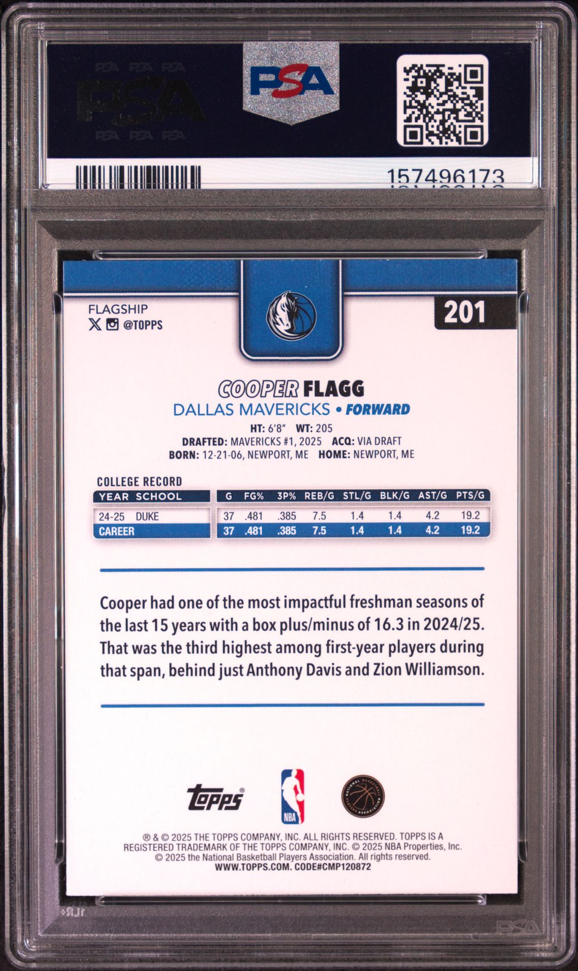 2025 Topps Cooper Flagg #201 Mint 9 back