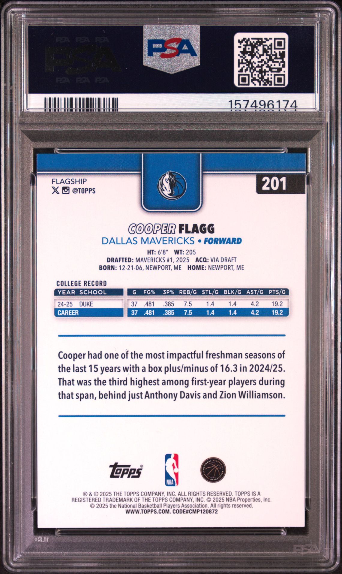 2025 Topps Cooper Flagg #201 Mint 9 back