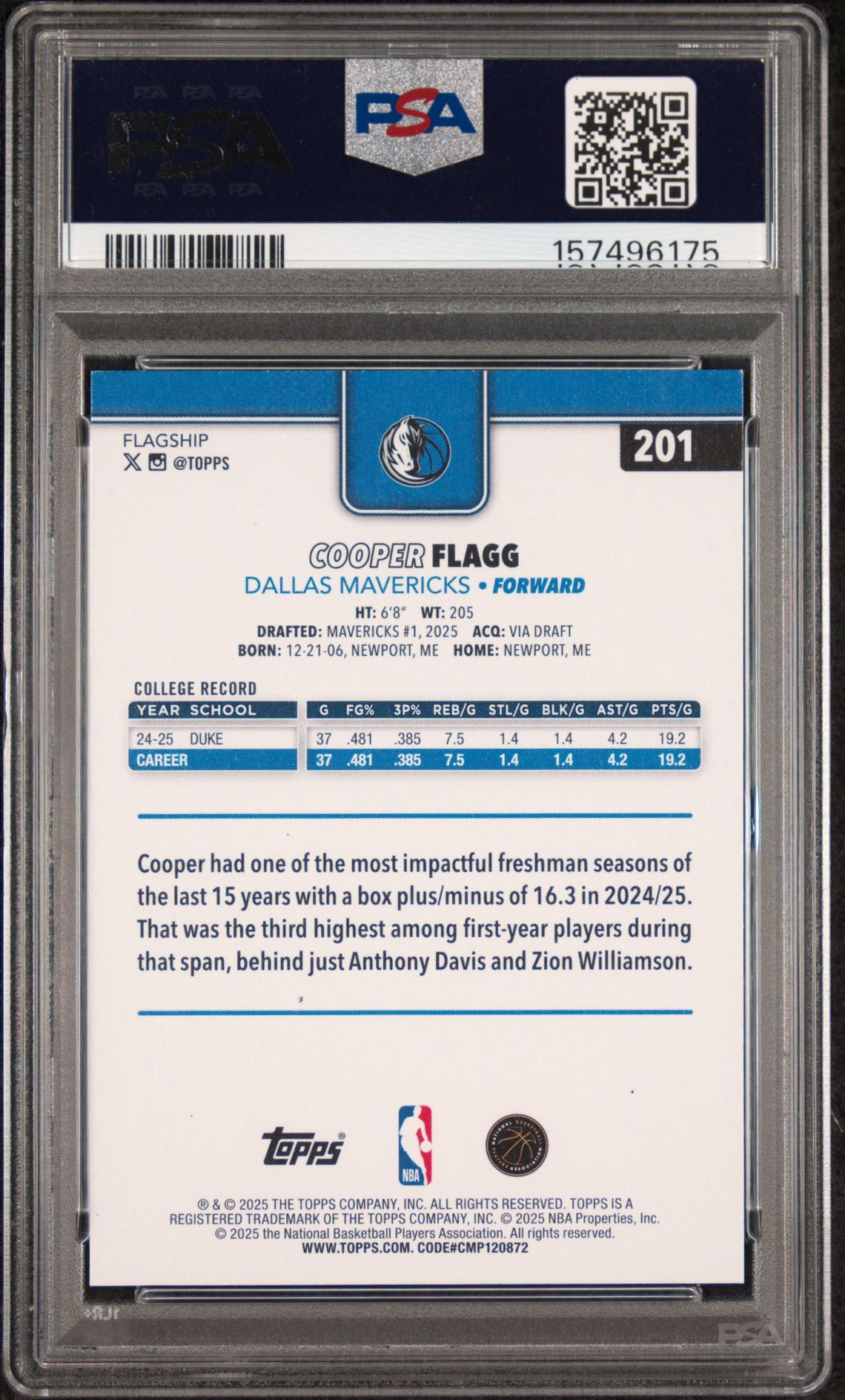 2025 Topps Cooper Flagg #201 Mint 9 back