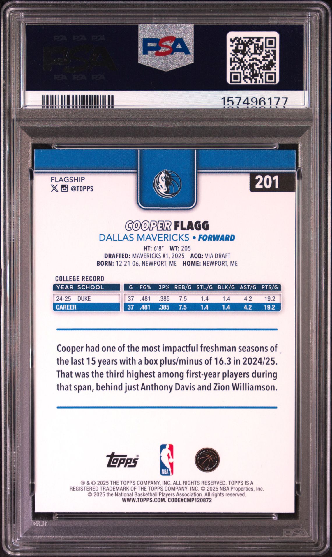 2025 Topps Cooper Flagg #201 Mint 9 back