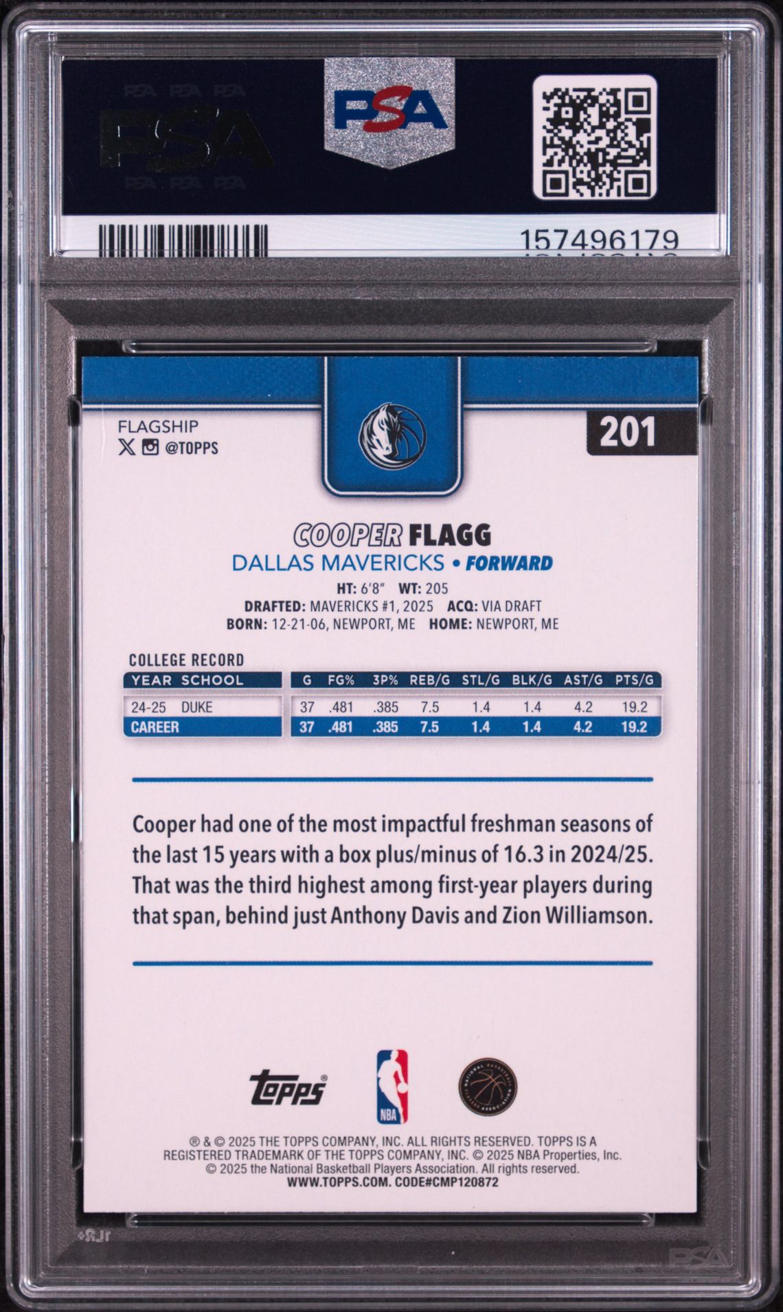 2025 Topps Cooper Flagg #201 Mint 9 back