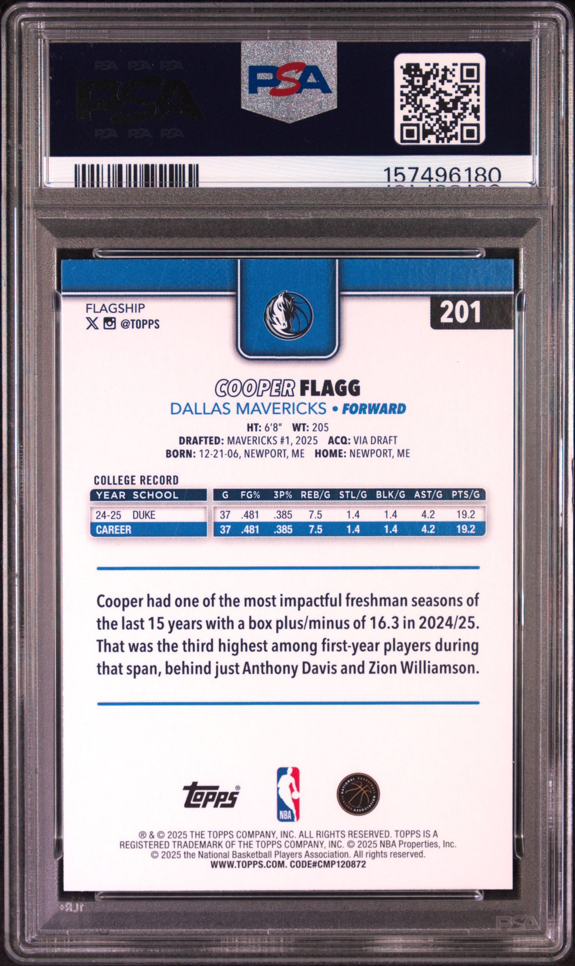 2025 Topps Cooper Flagg #201 Gem Mt 10 back