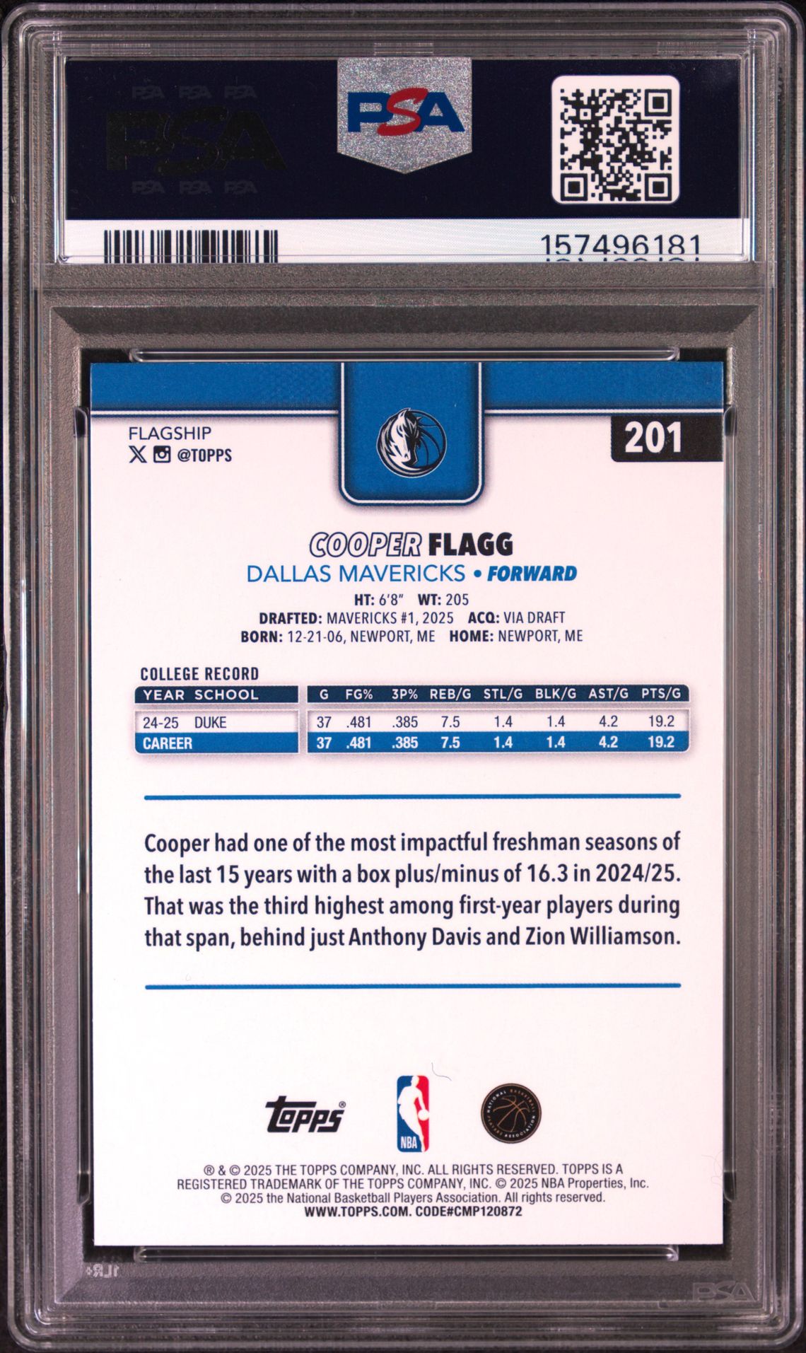 2025 Topps Cooper Flagg #201 Mint 9 back