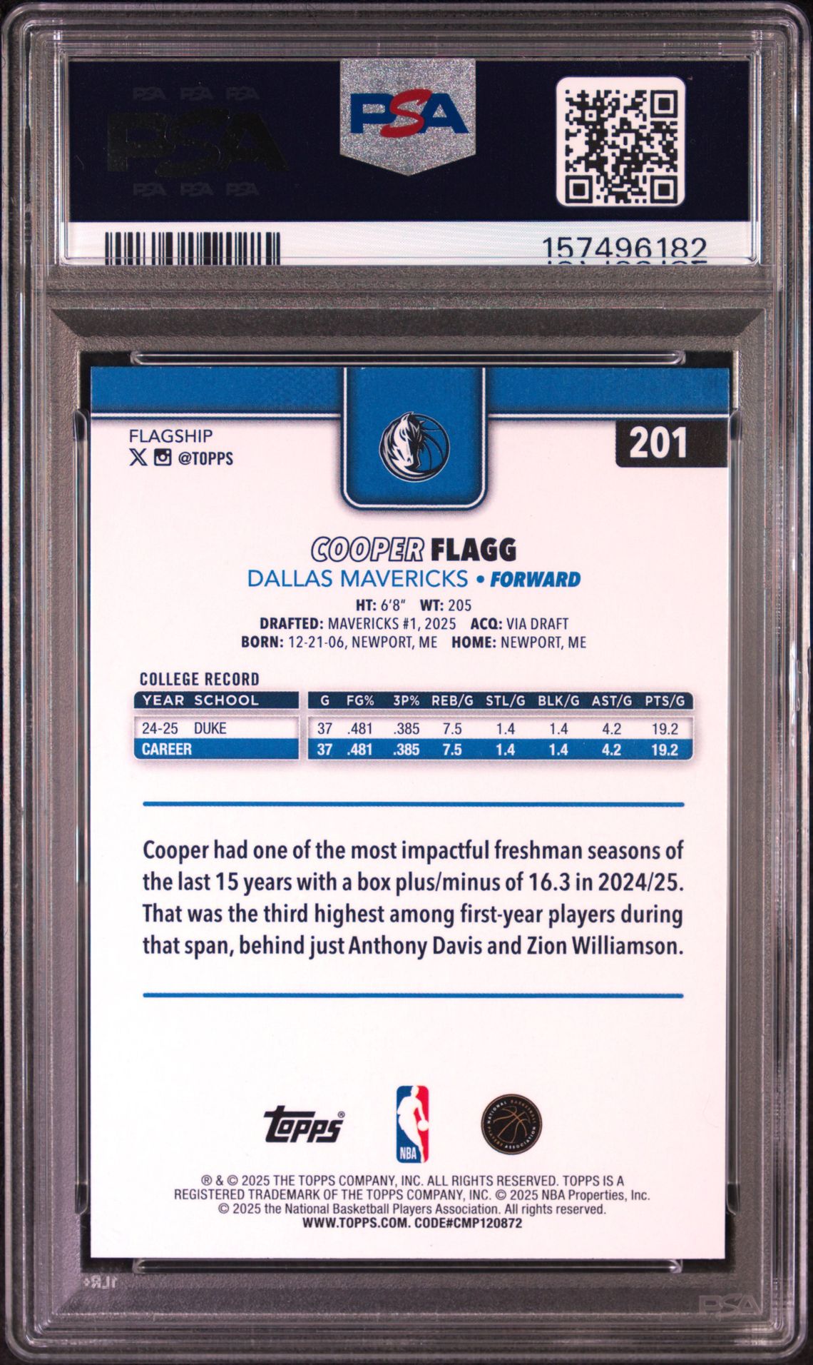 2025 Topps Cooper Flagg #201 Gem Mt 10 back