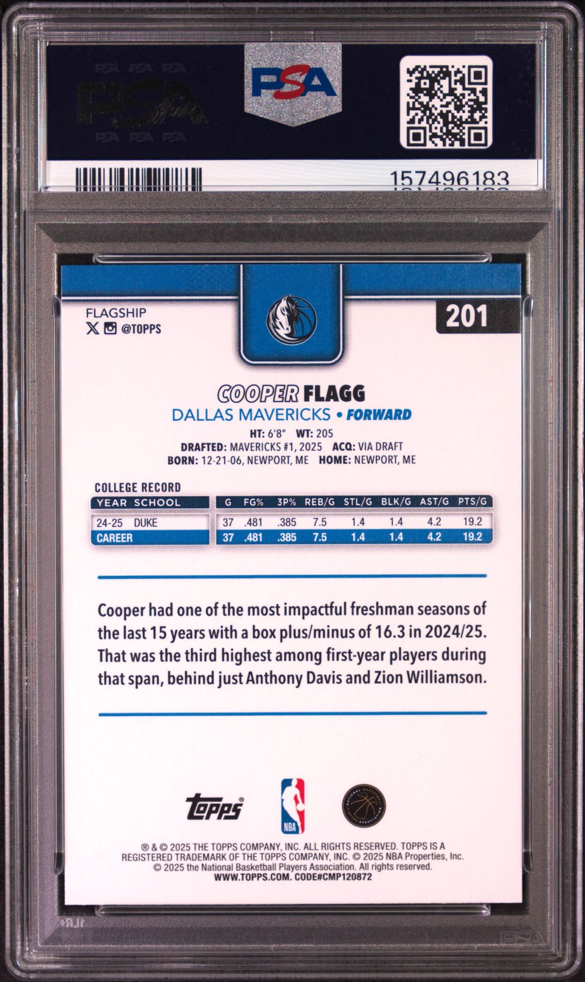 2025 Topps Cooper Flagg #201 Mint 9 back