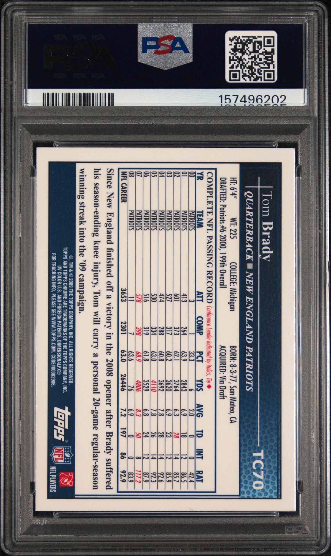 2009 Topps Chrome Tom Brady #Tc70 (Throwing) Mint 9 back