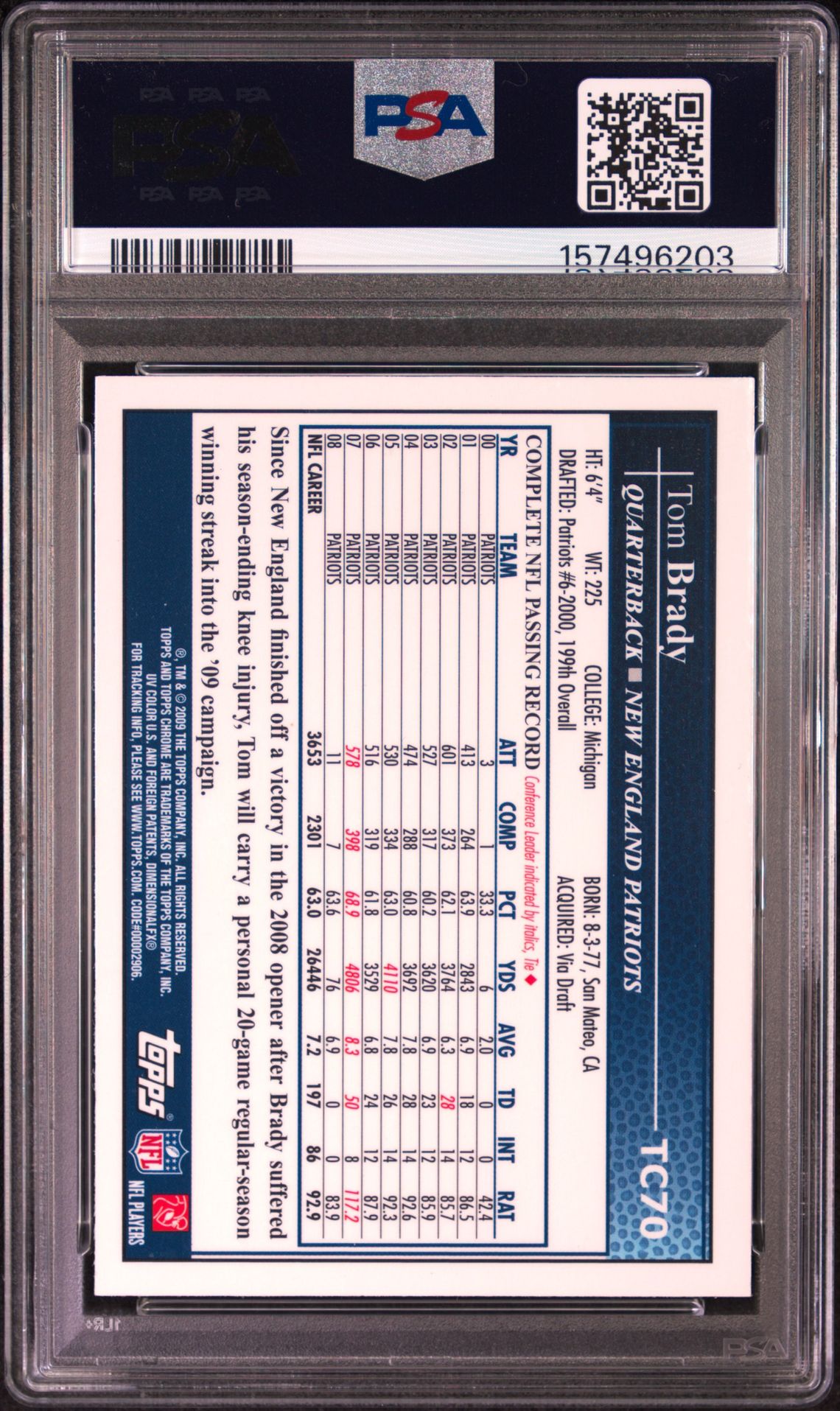2009 Topps Chrome Tom Brady #Tc70 (Throwing) Mint 9 back
