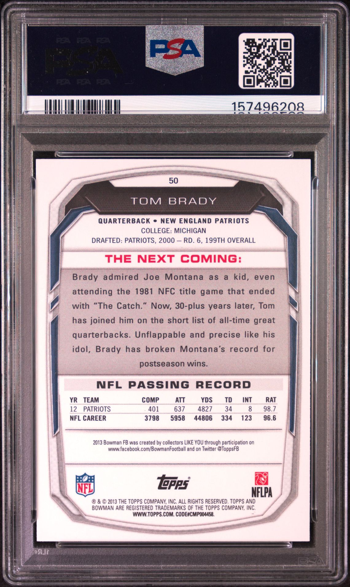 2013 BOWMAN TOM BRADY  50 GEM MT 10 back