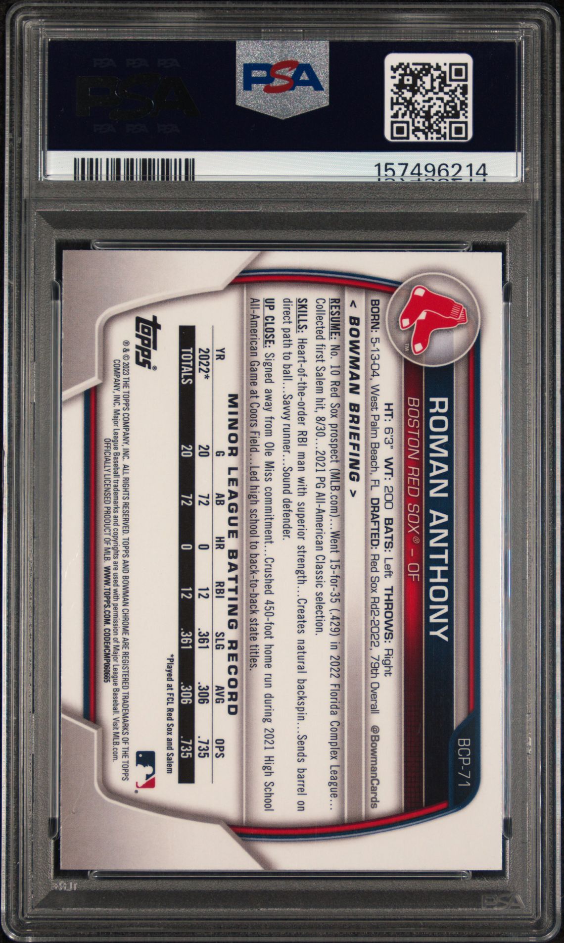 2023 Bowman Chrome Prospects Roman Anthony #Bcp71 (Chrome Prospects) Mint 9 back