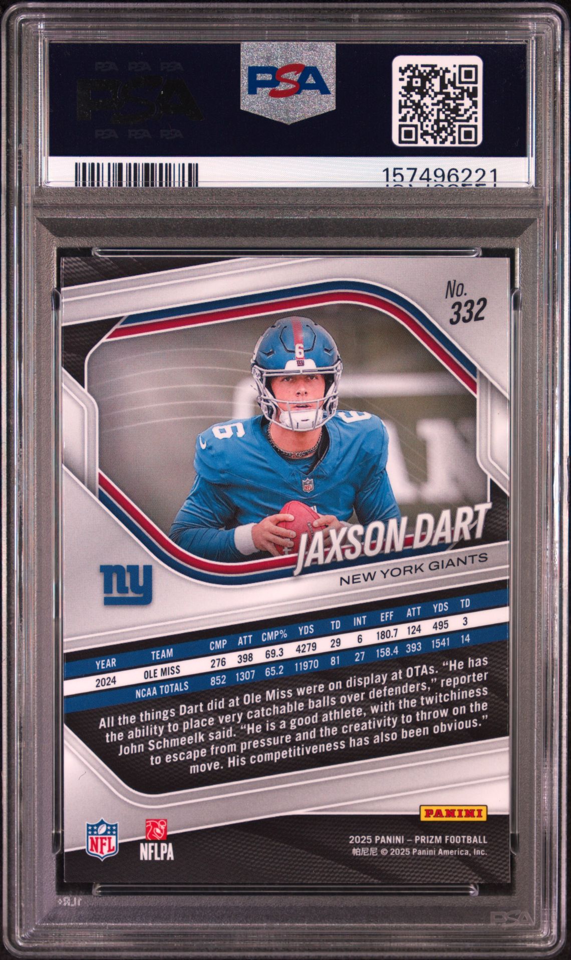 2025 Panini Prizm Jaxson Dart #332 Gem Mt 10 back view - PSA certificate #157496221