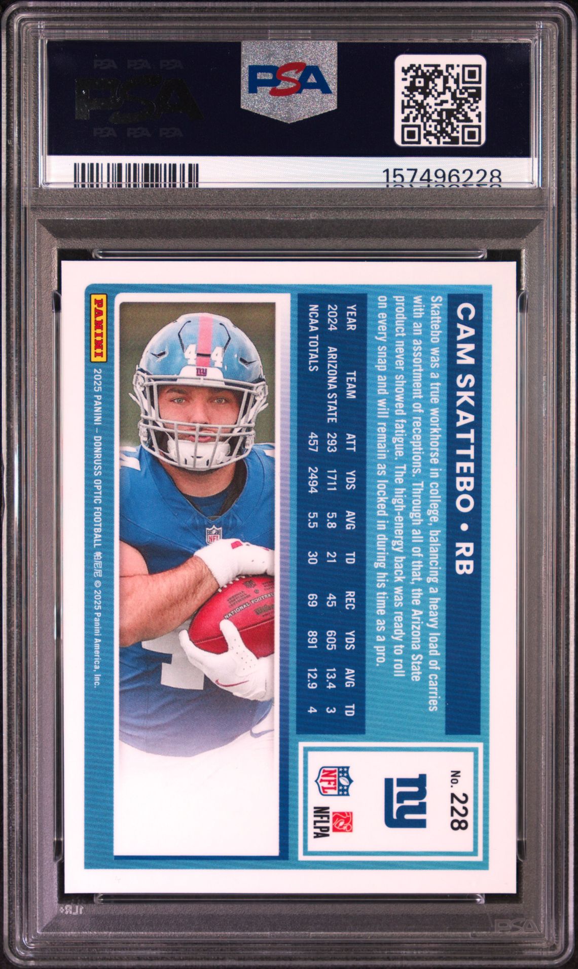 2025 Panini Donruss Optic Cam Skattebo #228 Gem Mt 10 back