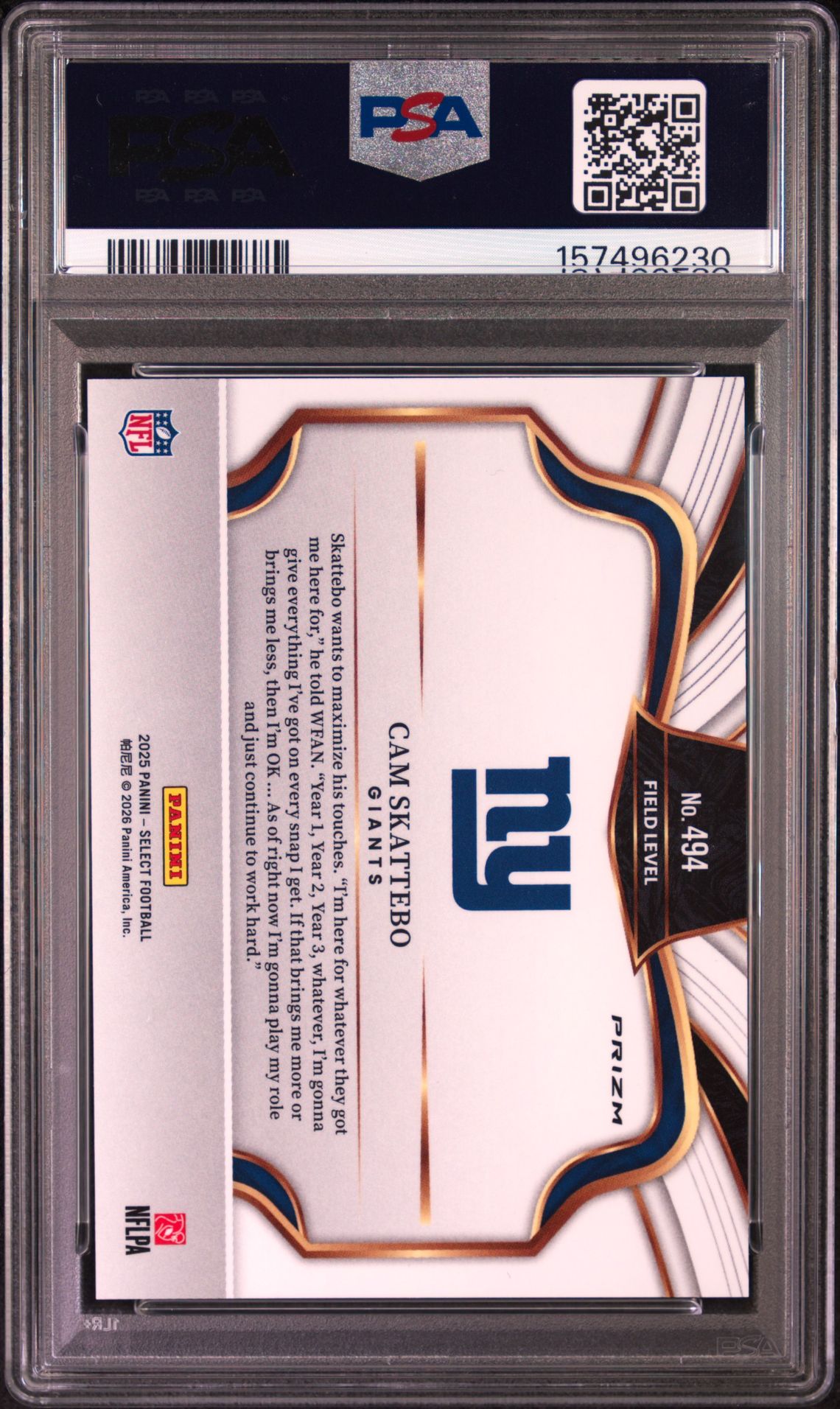 2025 Panini Select Cam Skattebo #494 (Silver Prizm) Gem Mt 10 back