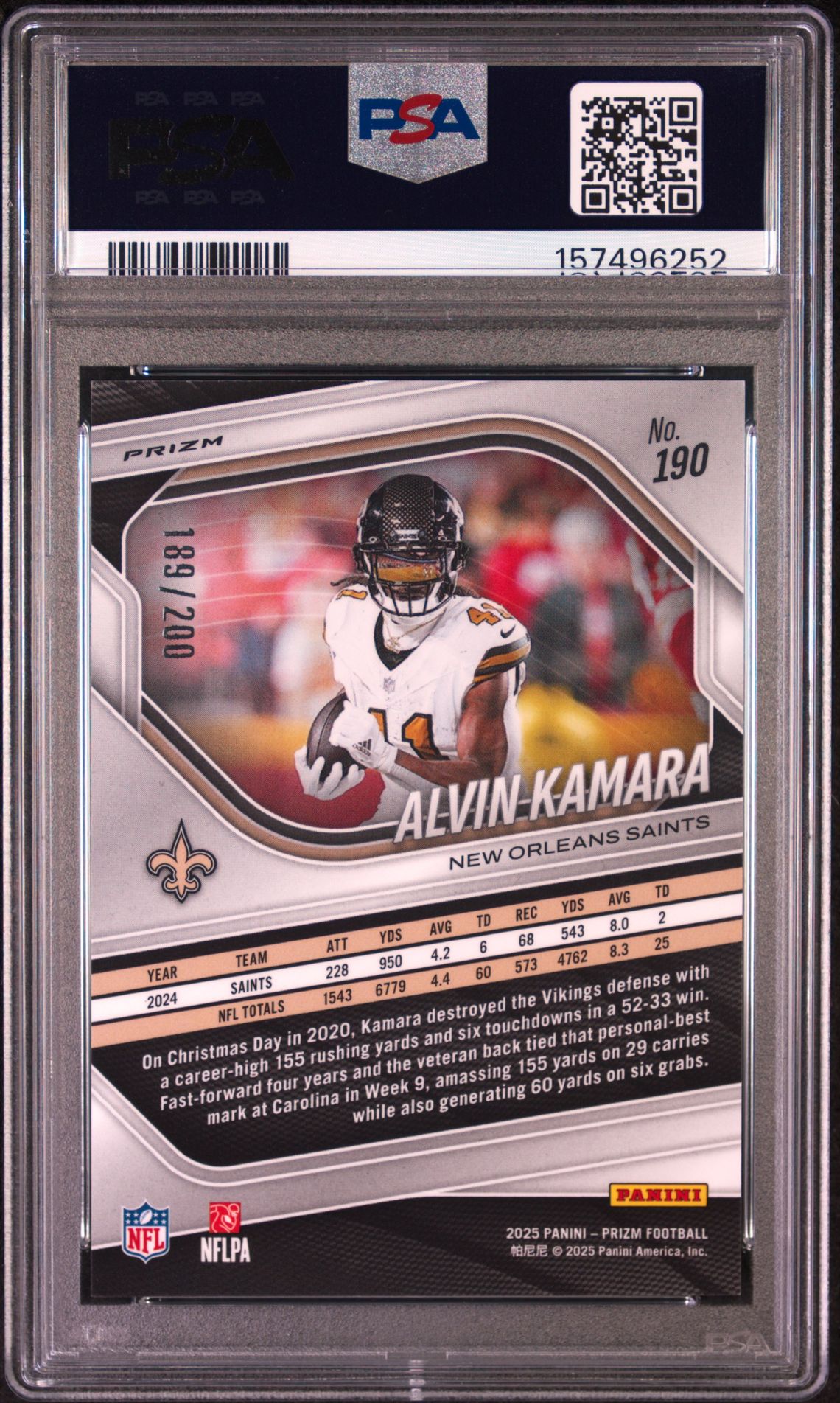 2025 Panini Prizm Alvin Kamara #190 (Hyper Prizm) Gem Mt 10 back