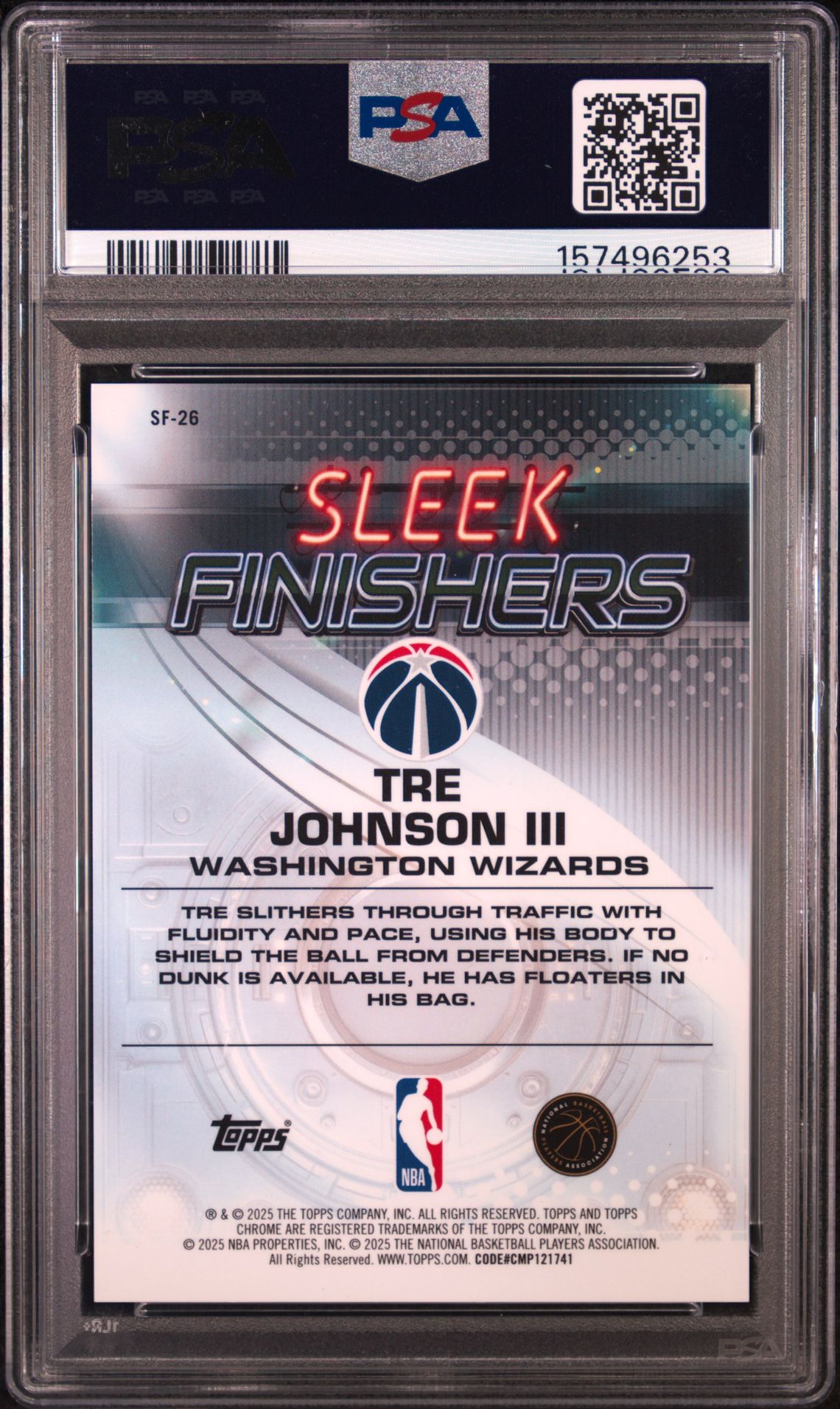 2025 Topps Chrome Sleek Finishers Tre Johnson Iii #Sf-26 (Sleek Finishers-Aqua Ref) Gem Mt 10 back view - PSA certificate #157496253