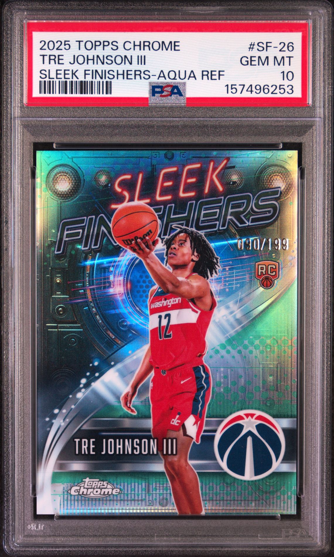 2025 Topps Chrome Sleek Finishers Tre Johnson Iii #Sf-26 (Sleek Finishers-Aqua Ref) Gem Mt 10 front view - PSA graded GEM MT 10
