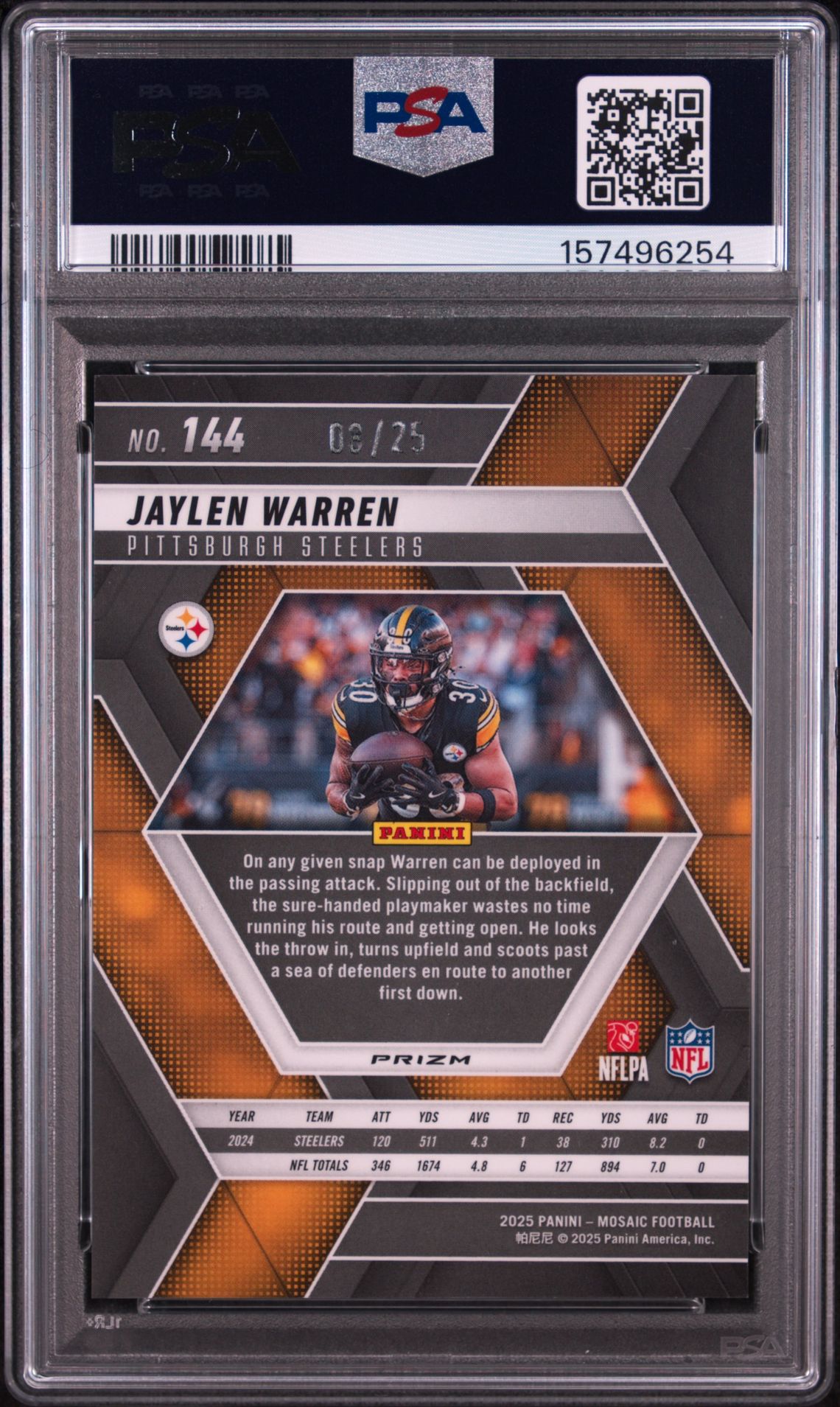2025 Panini Mosaic Jaylen Warren #144 (White) Gem Mt 10 back