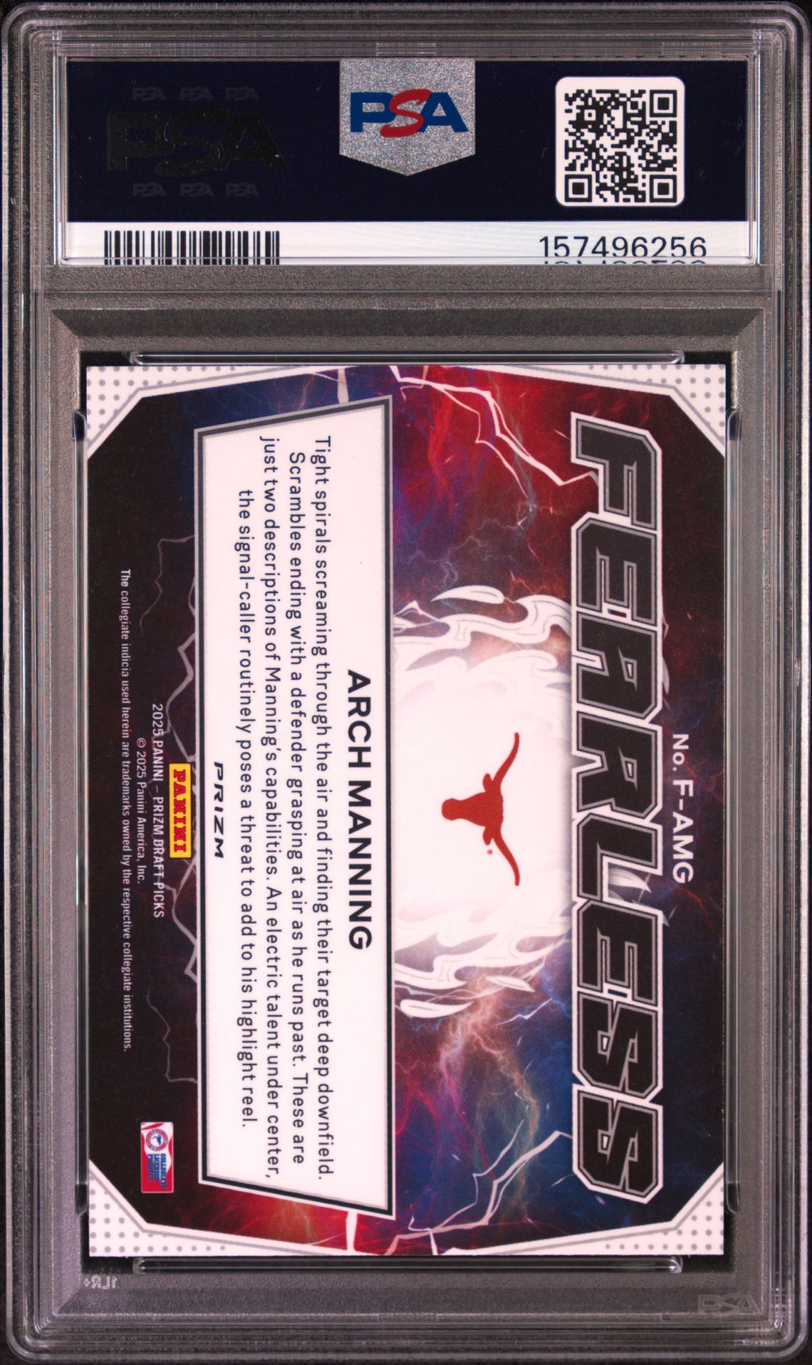 2025 Panini Prizm Draft Picks Fearless Arch Manning #F-Amg (Fearless-Red Ice) Gem Mt 10 back