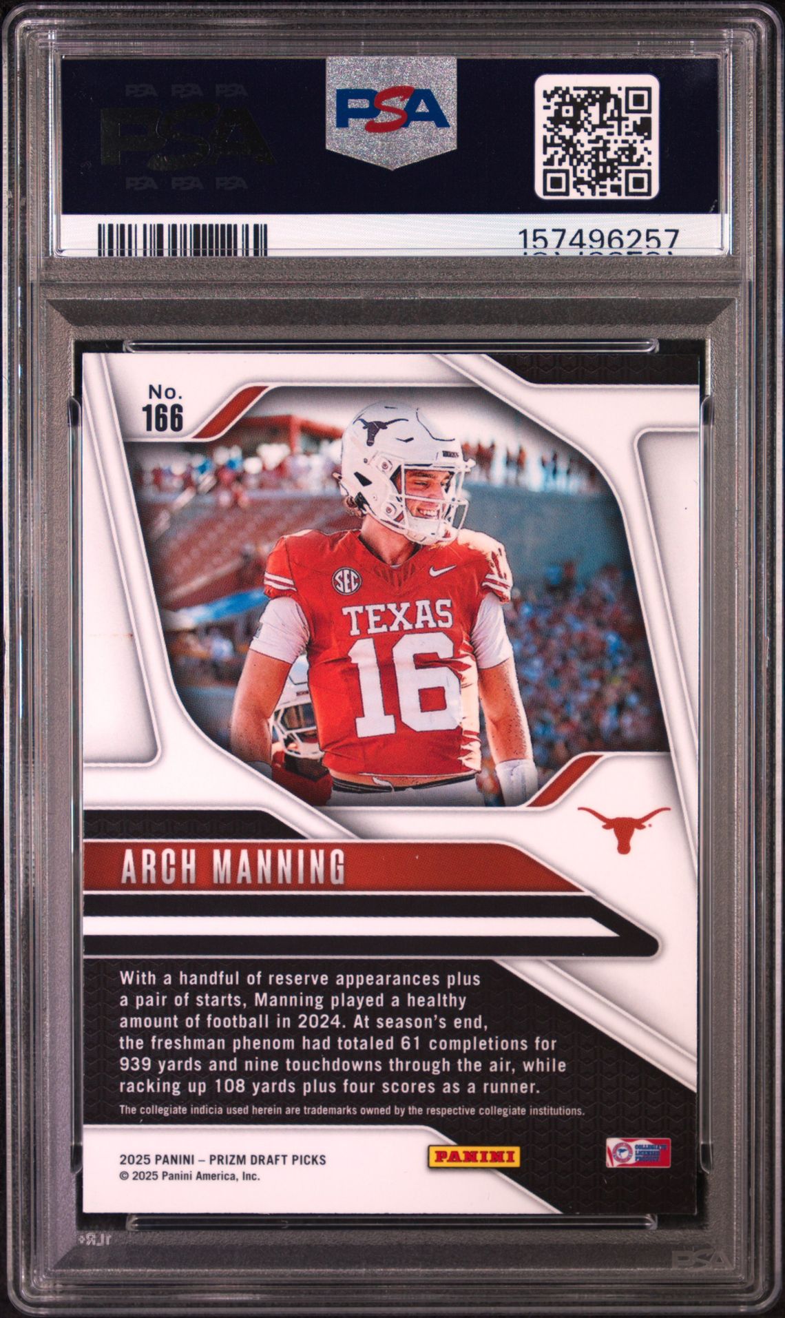 2025 Panini Prizm Draft Picks Arch Manning #166 Gem Mt 10 back