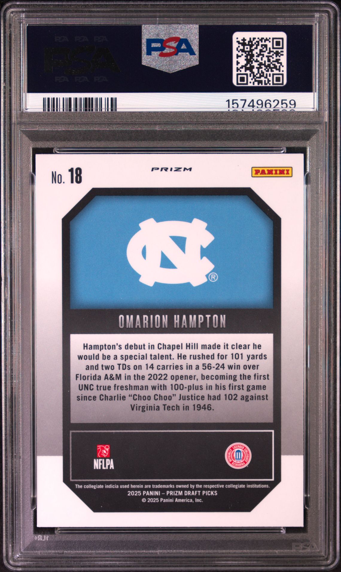 2025 Panini Prizm Draft Picks New Recruits Omarion Hampton #18 (New Recruits-Red Ice) Gem Mt 10 back