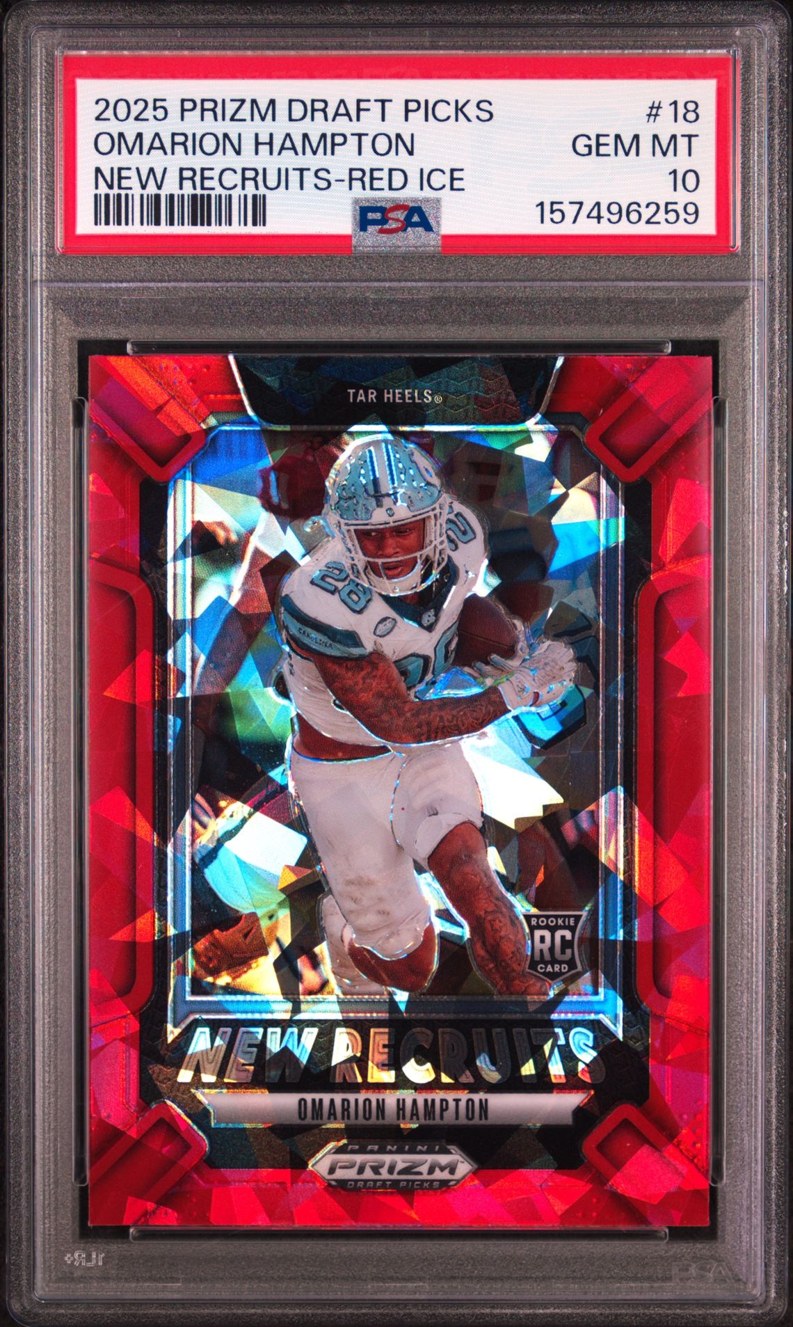 2025 Panini Prizm Draft Picks New Recruits Omarion Hampton #18 (New Recruits-Red Ice) Gem Mt 10 front