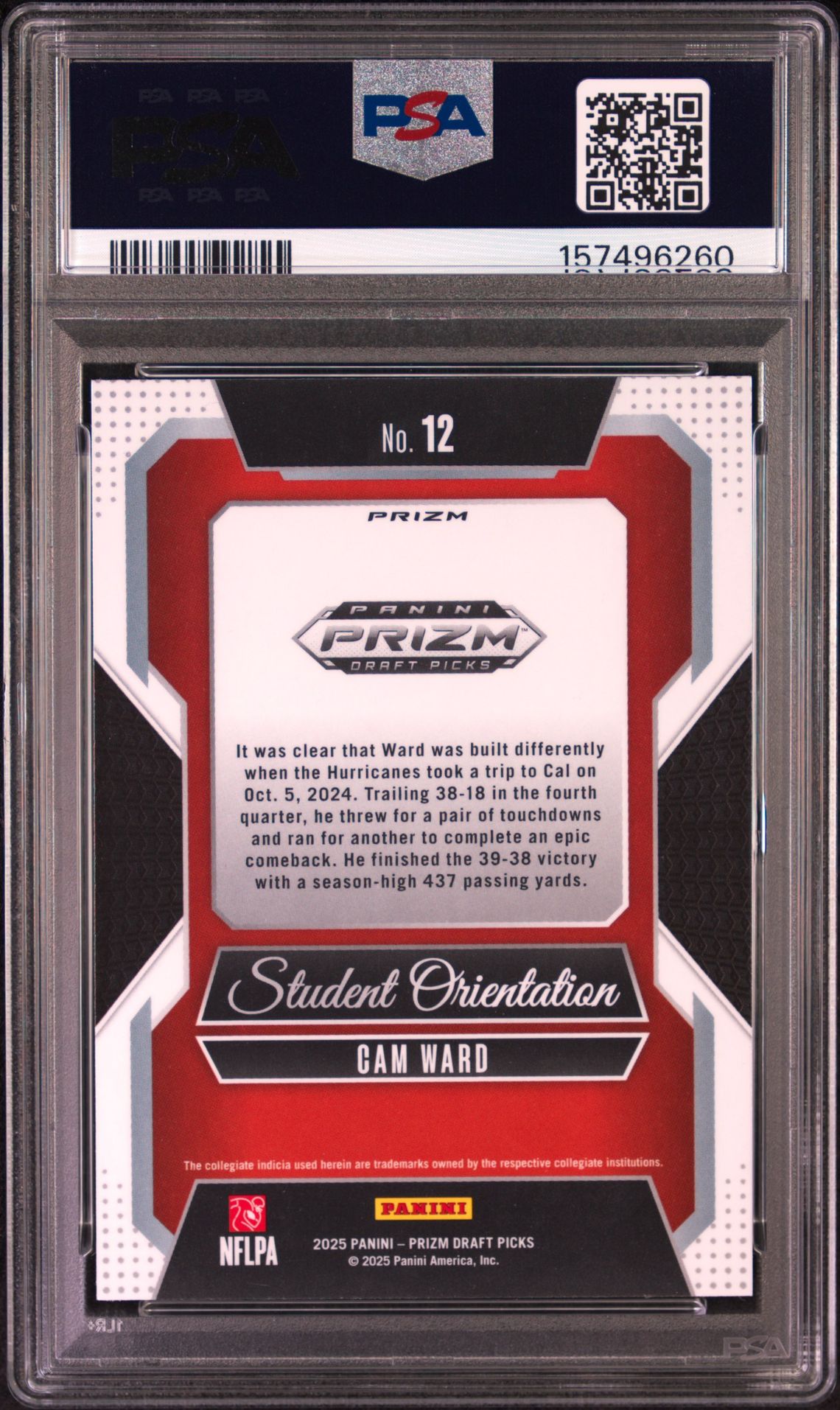 2025 Panini Prizm Draft Picks Student Orientation Cam Ward #12 (Student Orientation-Red Ice) Gem Mt 10 back