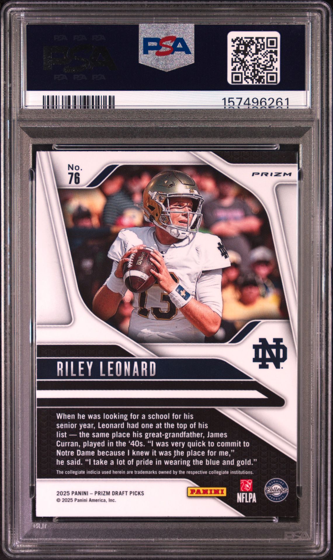 2025 Panini Prizm Draft Picks Riley Leonard #76 (Red Ice) Gem Mt 10 back