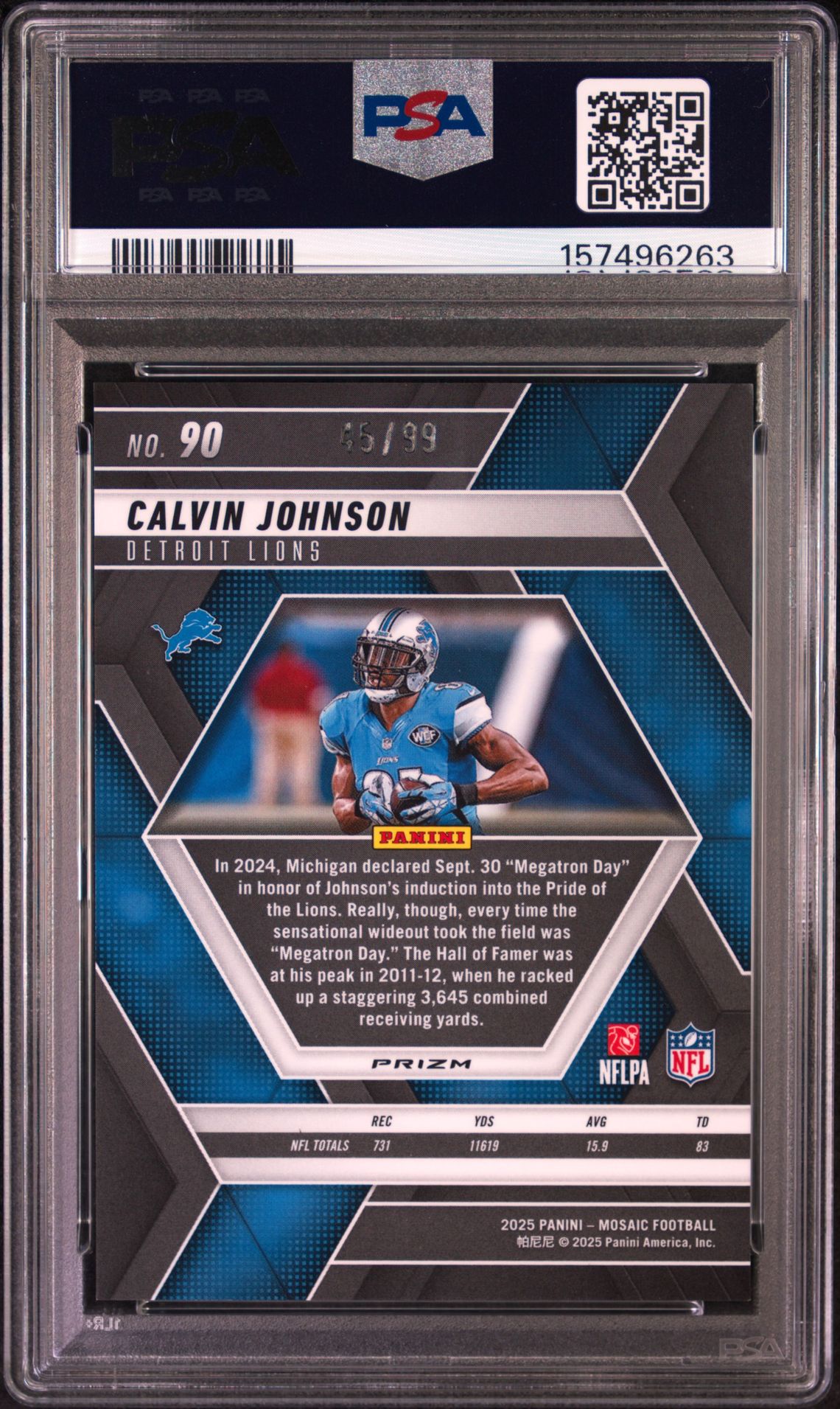 2025 Panini Mosaic Calvin Johnson #90 (Blue No Huddle) Mint 9 back