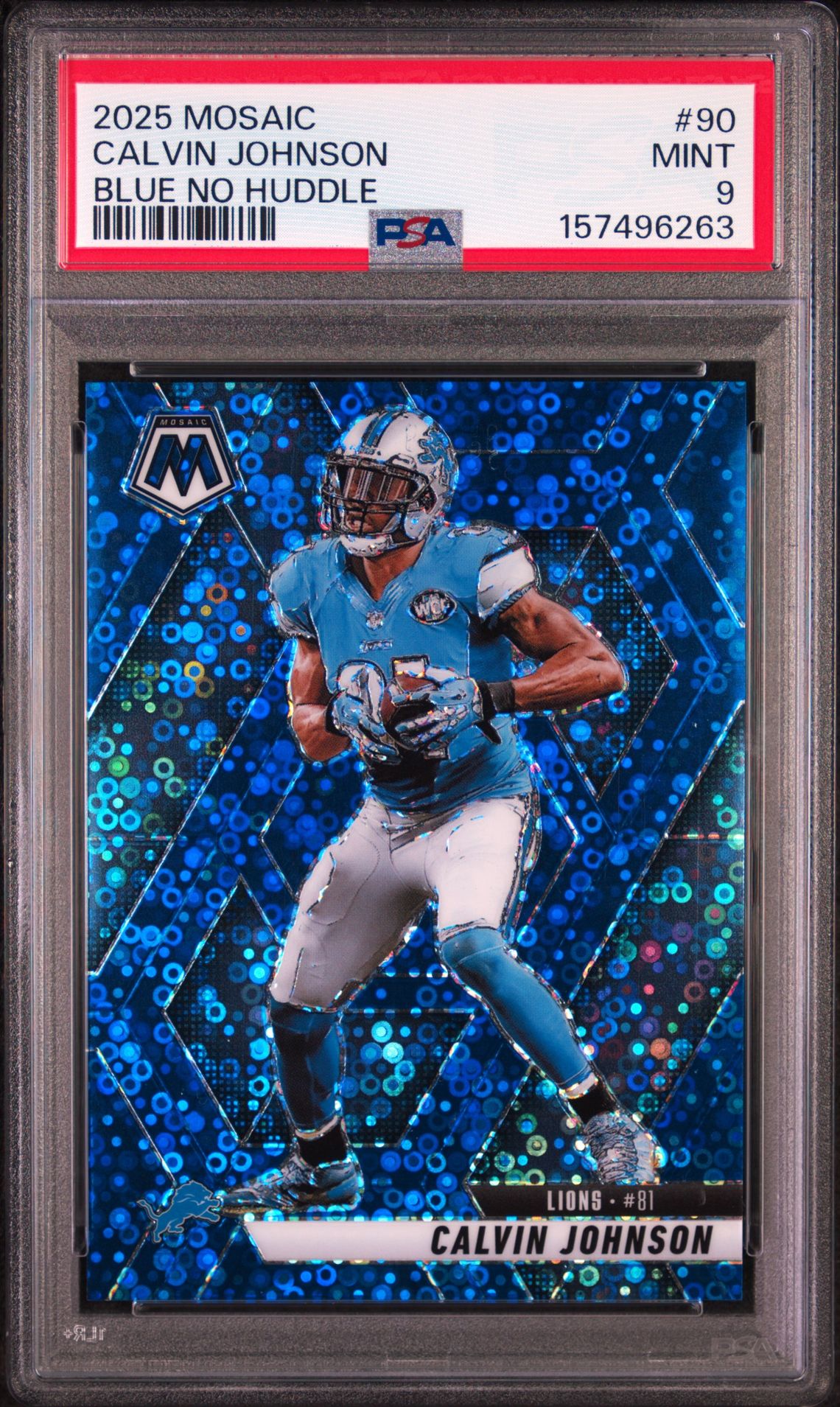 2025 Panini Mosaic Calvin Johnson #90 (Blue No Huddle) Mint 9 front