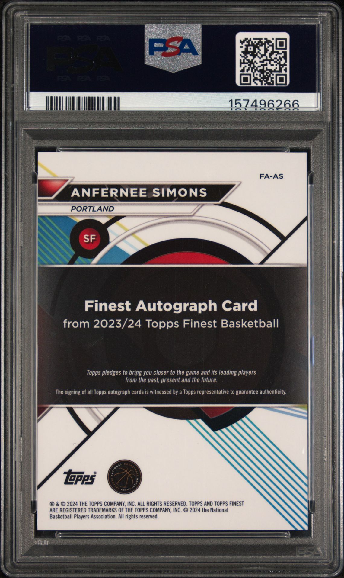 2023 Topps Finest Finest Autographs Anfernee Simons #As (Finest Auto-Blue Geometric) Gem Mt 10 back