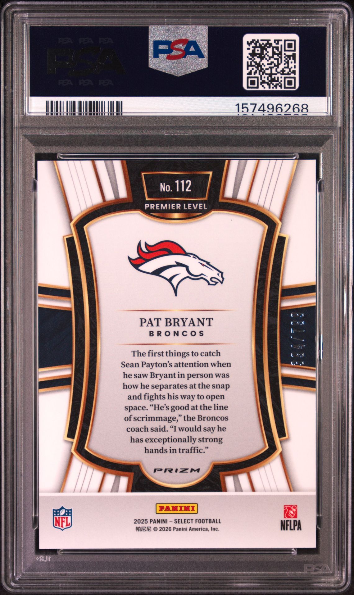 2025 Panini Select Pat Bryant #112 (White Shock) Gem Mt 10 back