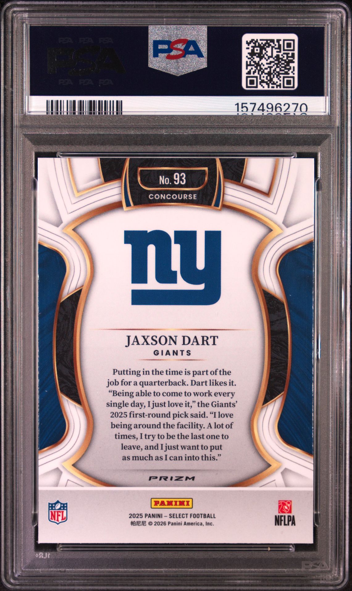 2025 Panini Select Jaxson Dart #93 (Pink Shock) Gem Mt 10 back