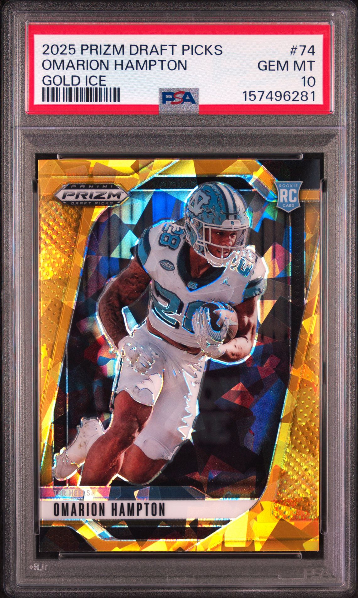 2025 Panini Prizm Draft Picks Omarion Hampton #74 (Gold Ice) Gem Mt 10 front