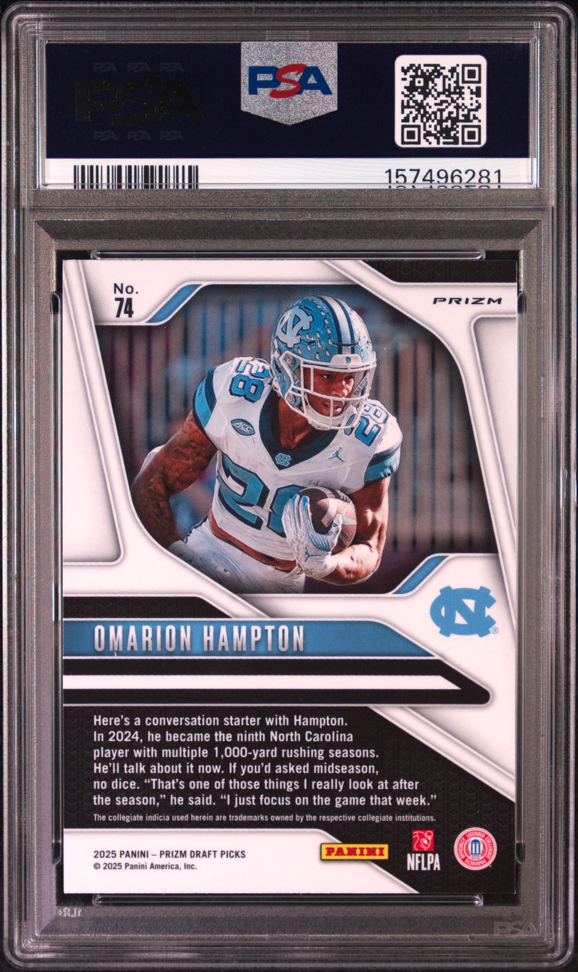 2025 Panini Prizm Draft Picks Omarion Hampton #74 (Gold Ice) Gem Mt 10 back