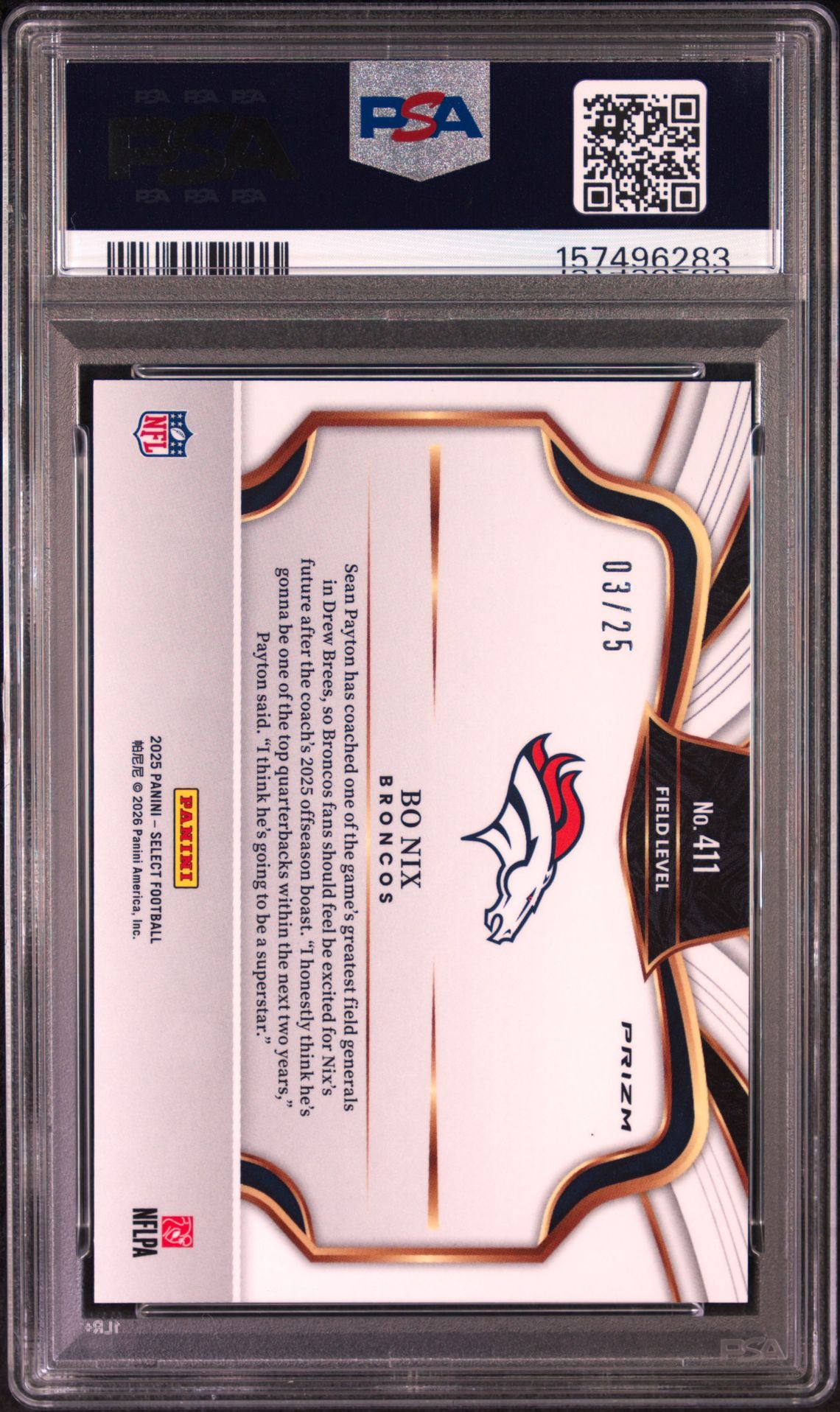 2025 Panini Select Bo Nix #411 (Tie-Dye Prizm) Gem Mt 10 back