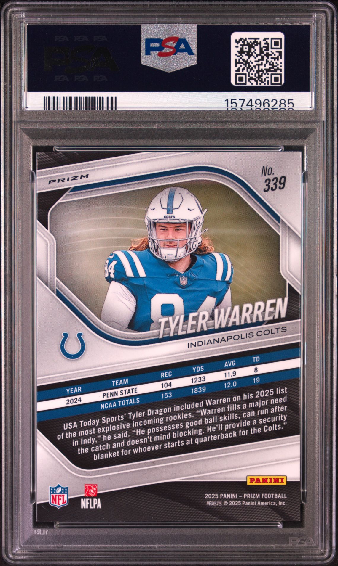 2025 Panini Prizm Tyler Warren #339 (White Disco) Mint 9 back
