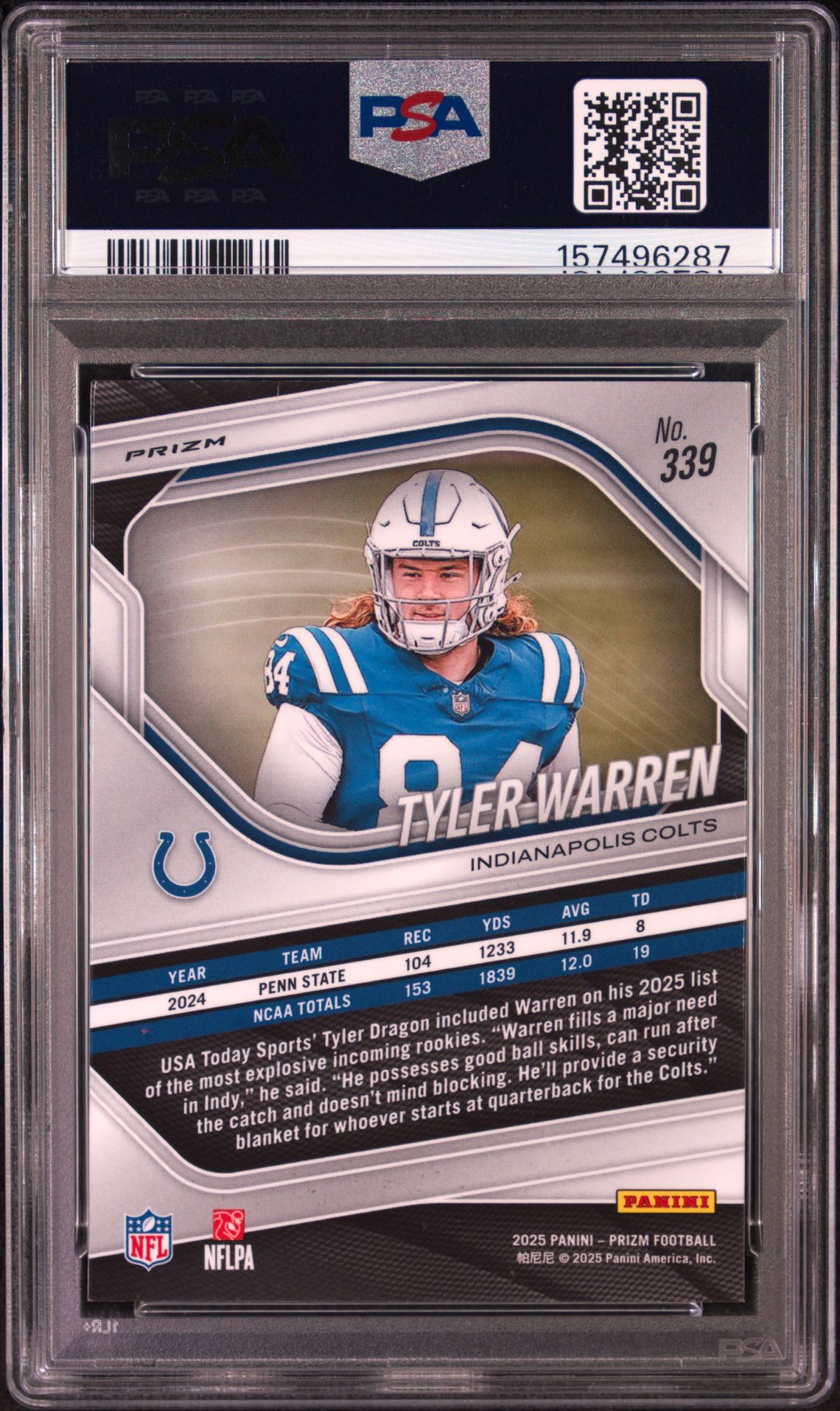 2025 Panini Prizm Tyler Warren #339 (Silver Prizm) Mint 9 back